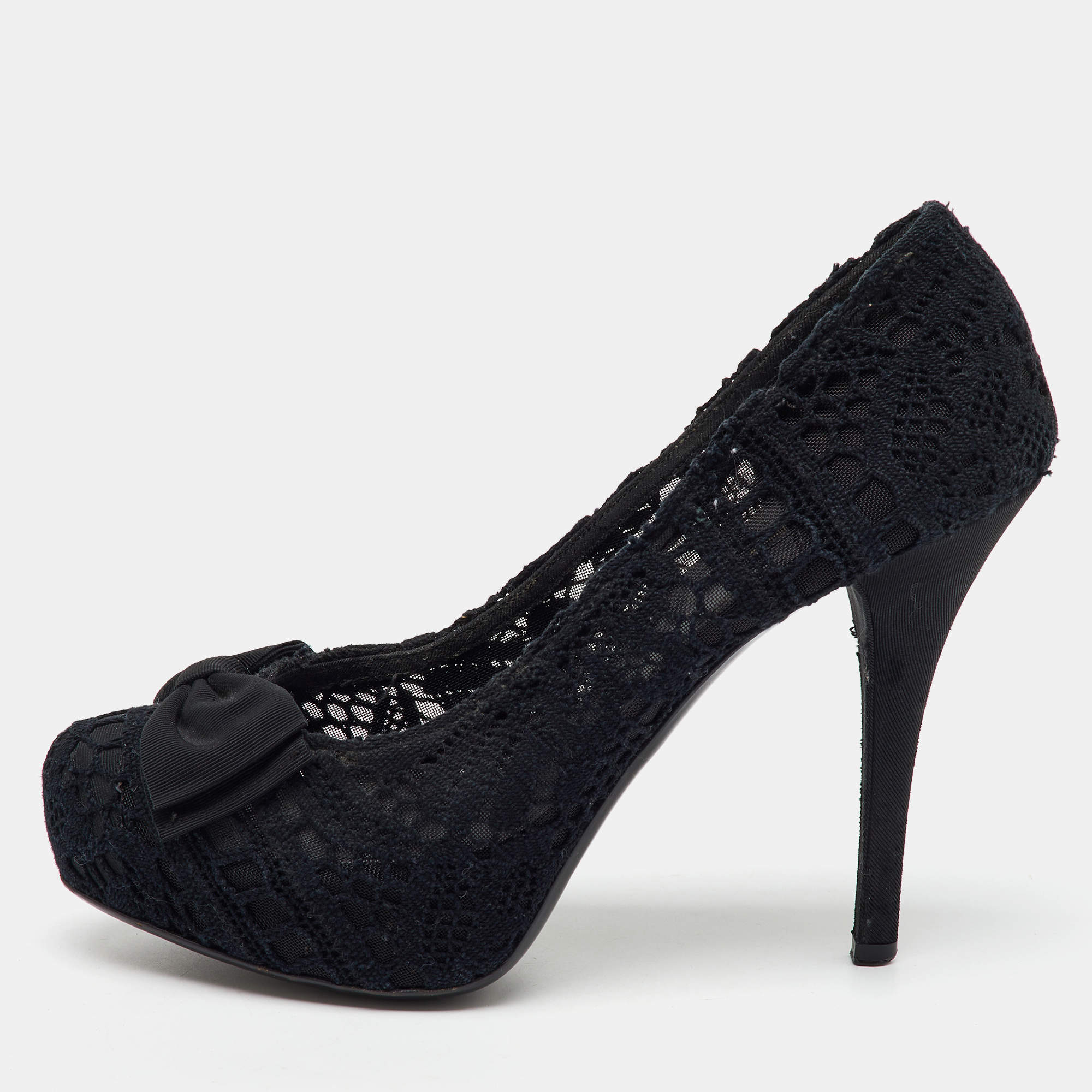 Pre Owned Dolce & Gabbana Black Crochet Lace Bow Platform Pumps Size 40