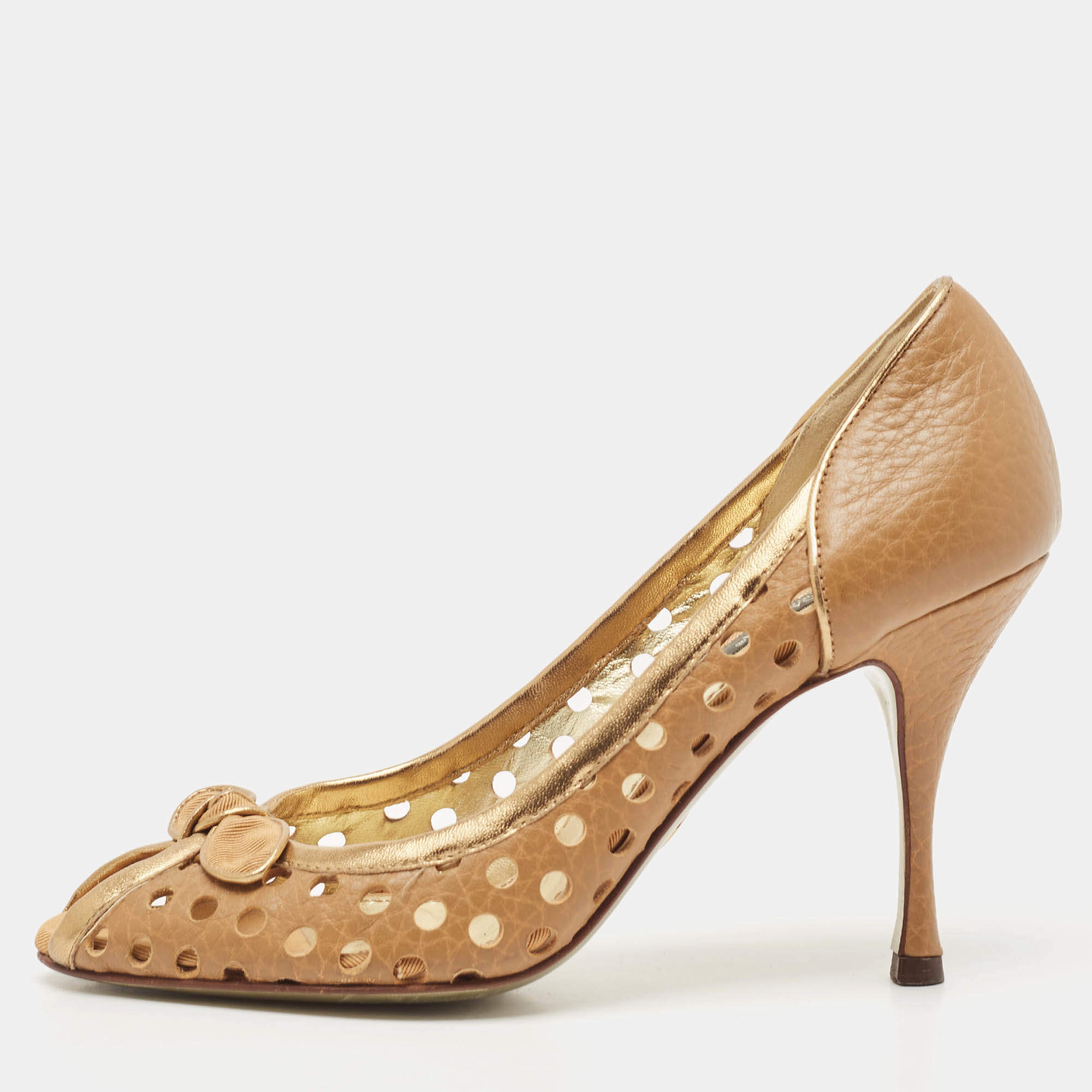 Dolce & Gabbana Gold/Brown Cutout Leather Bow Peep Toe Pumps Size 37