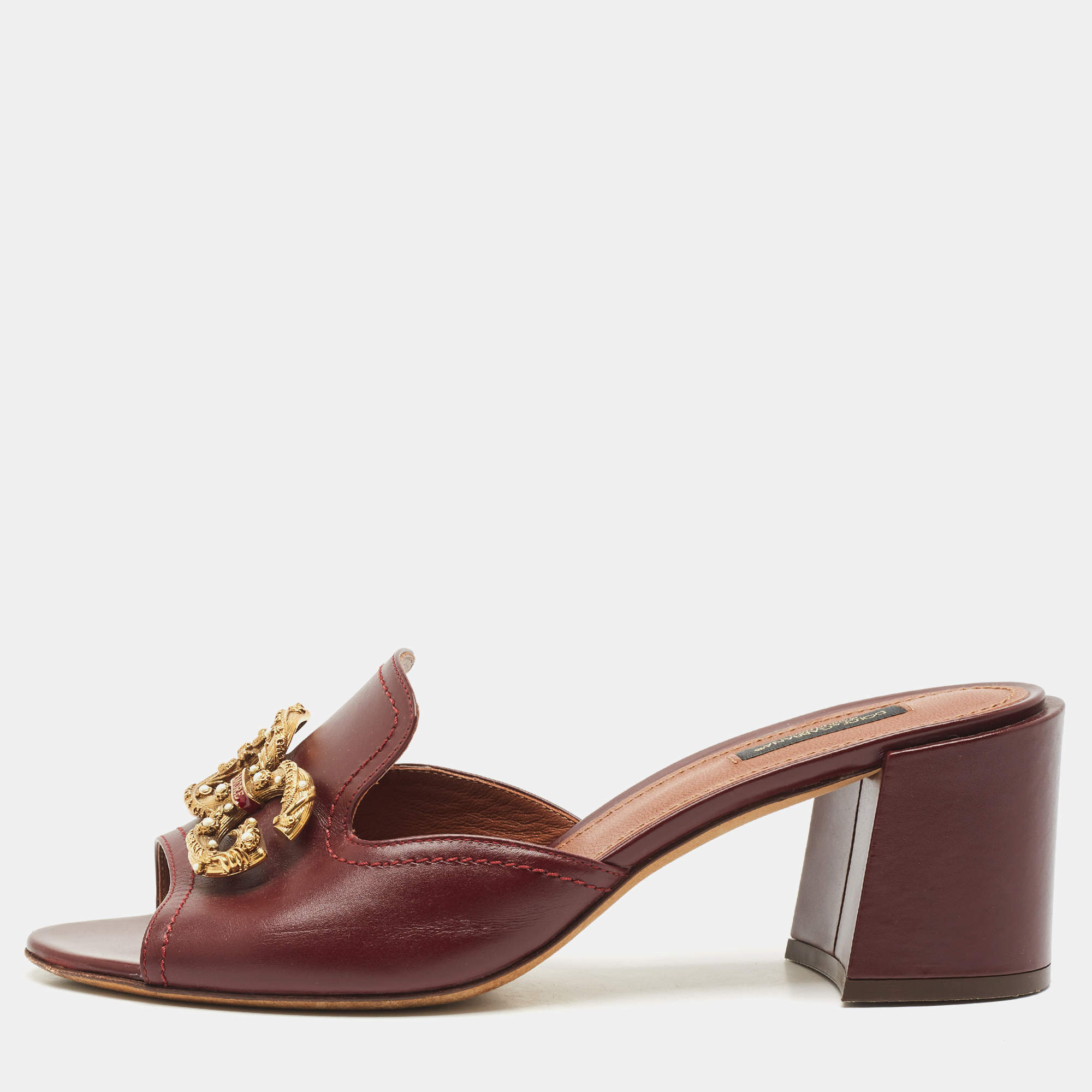 Dolce & Gabbana Burgundy Leather DG Logo  Slide Sandals Size 41