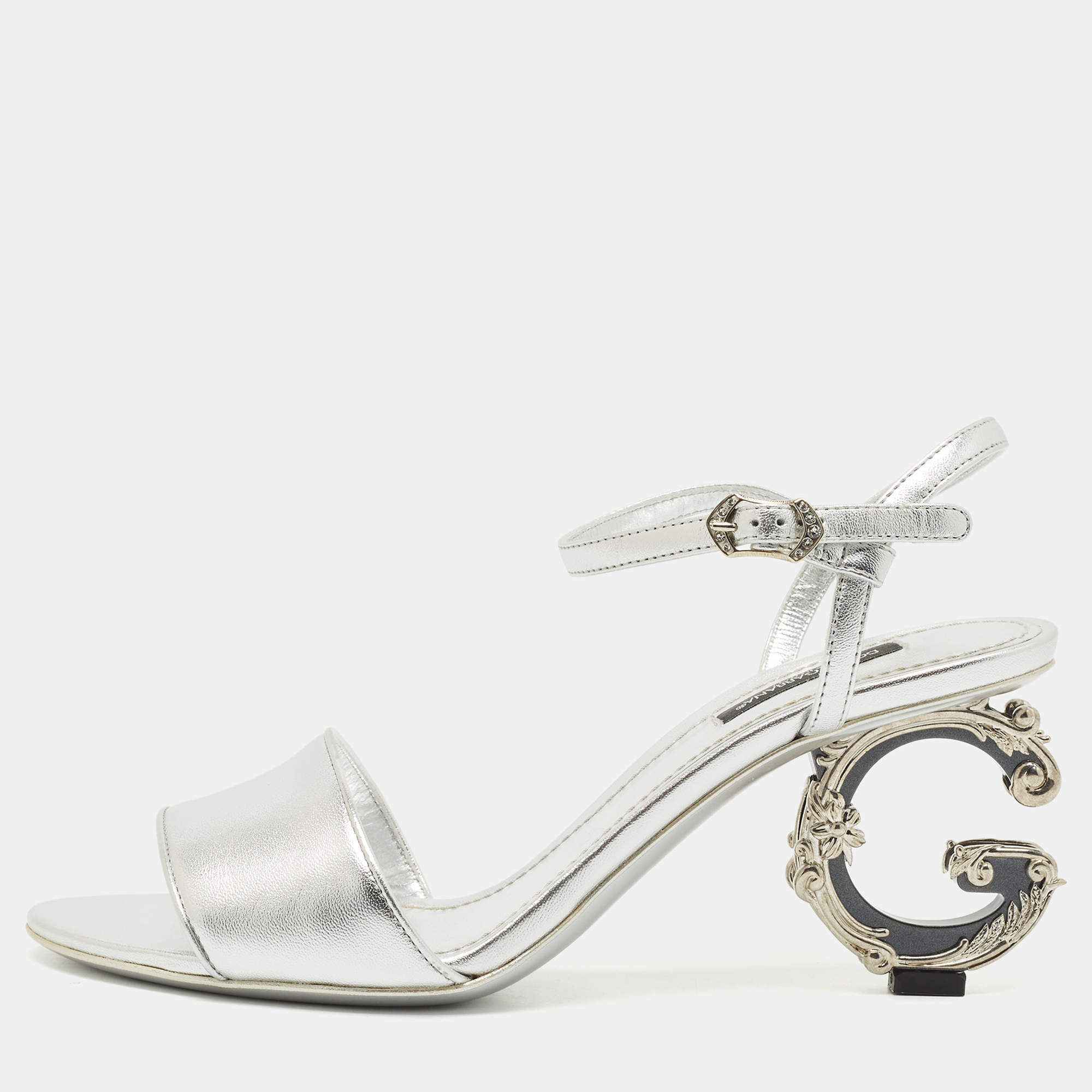 Dolce & Gabbana Silver Leather Keira DG Baroque Sandals Size 38