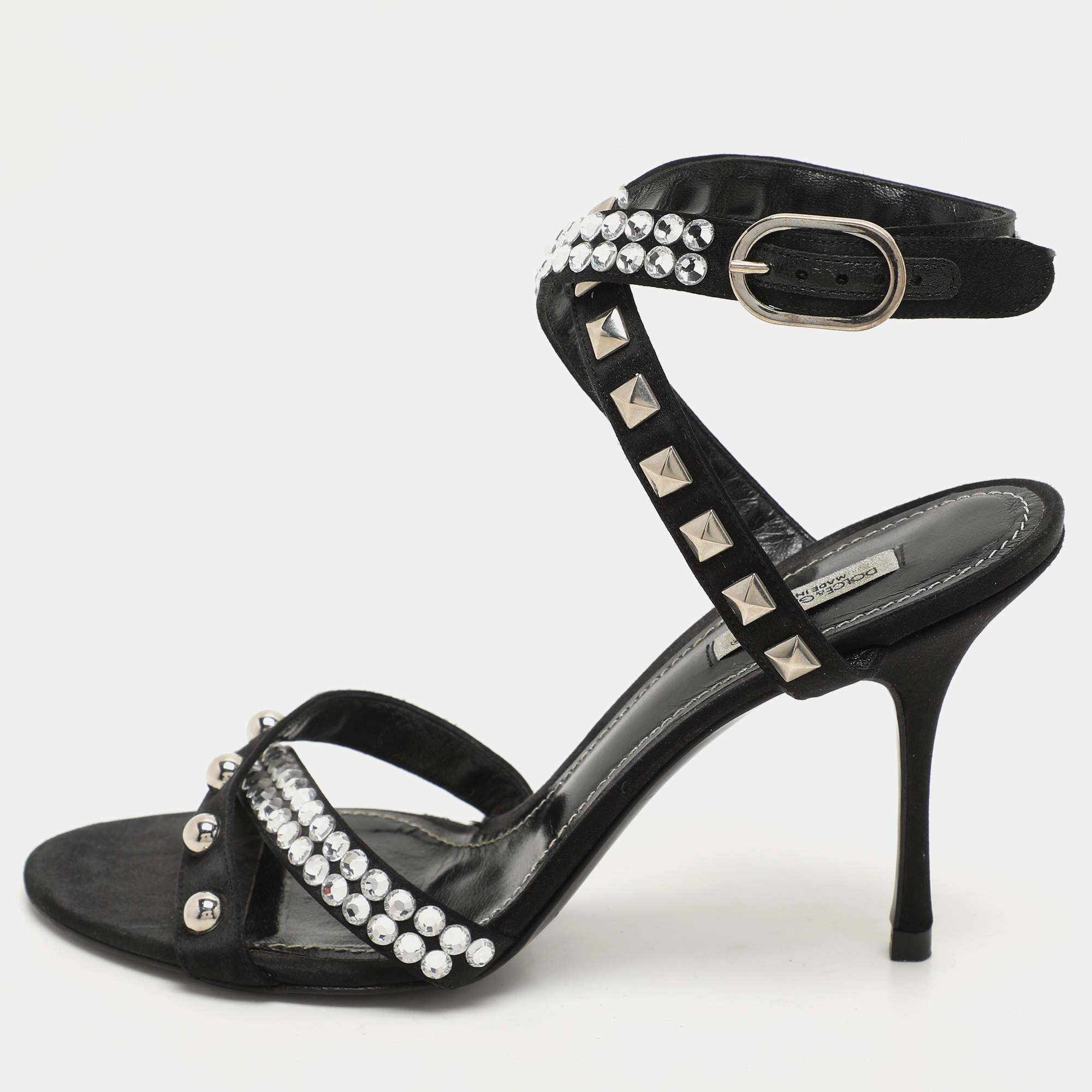 Dolce & Gabbana Black Satin Crystal and Studs Embellished Ankle Strap Sandals Size 40
