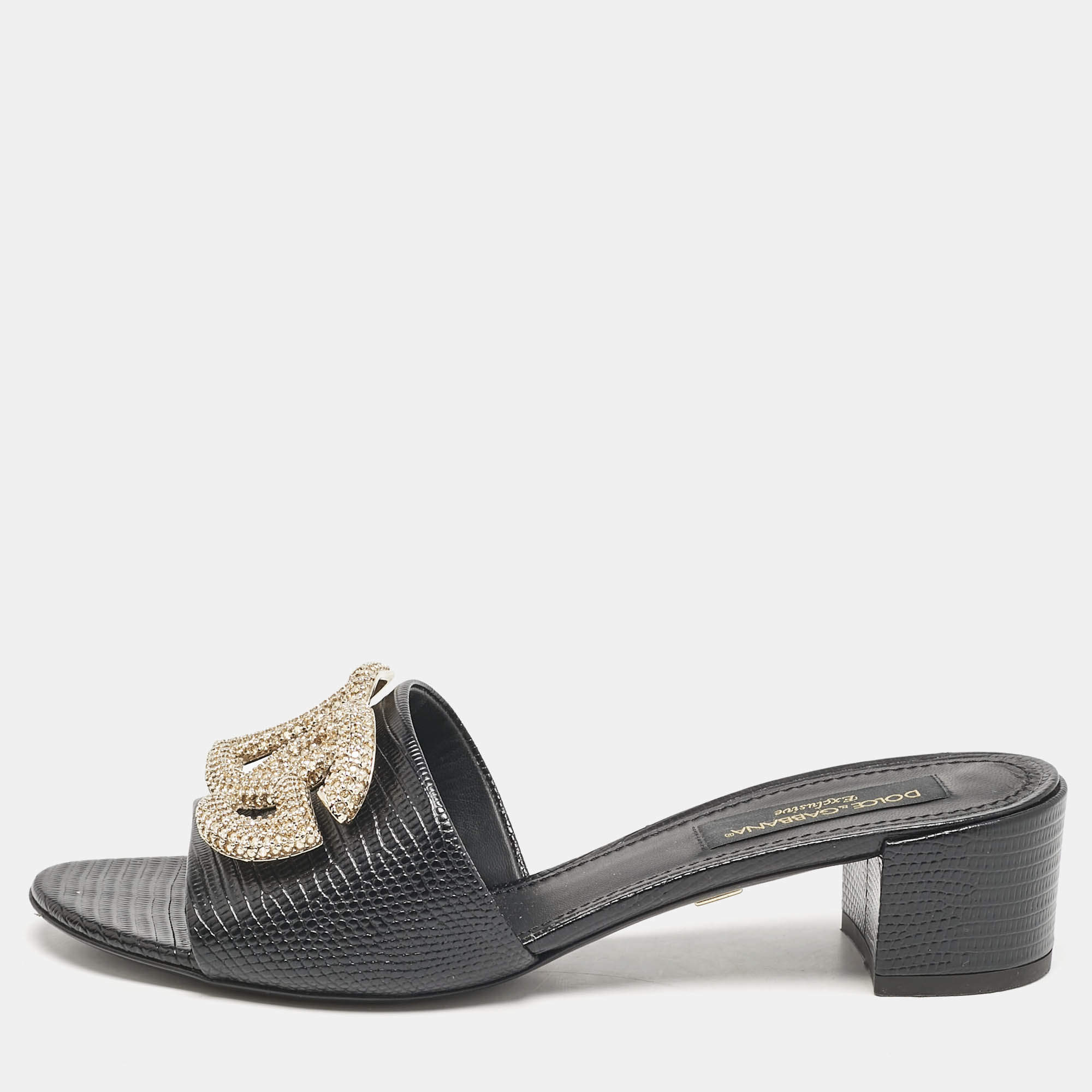 مملوكة مسبقًا Dolce & Gabbana Black Lizard Embossed Leather Bianca Sandals Size 40