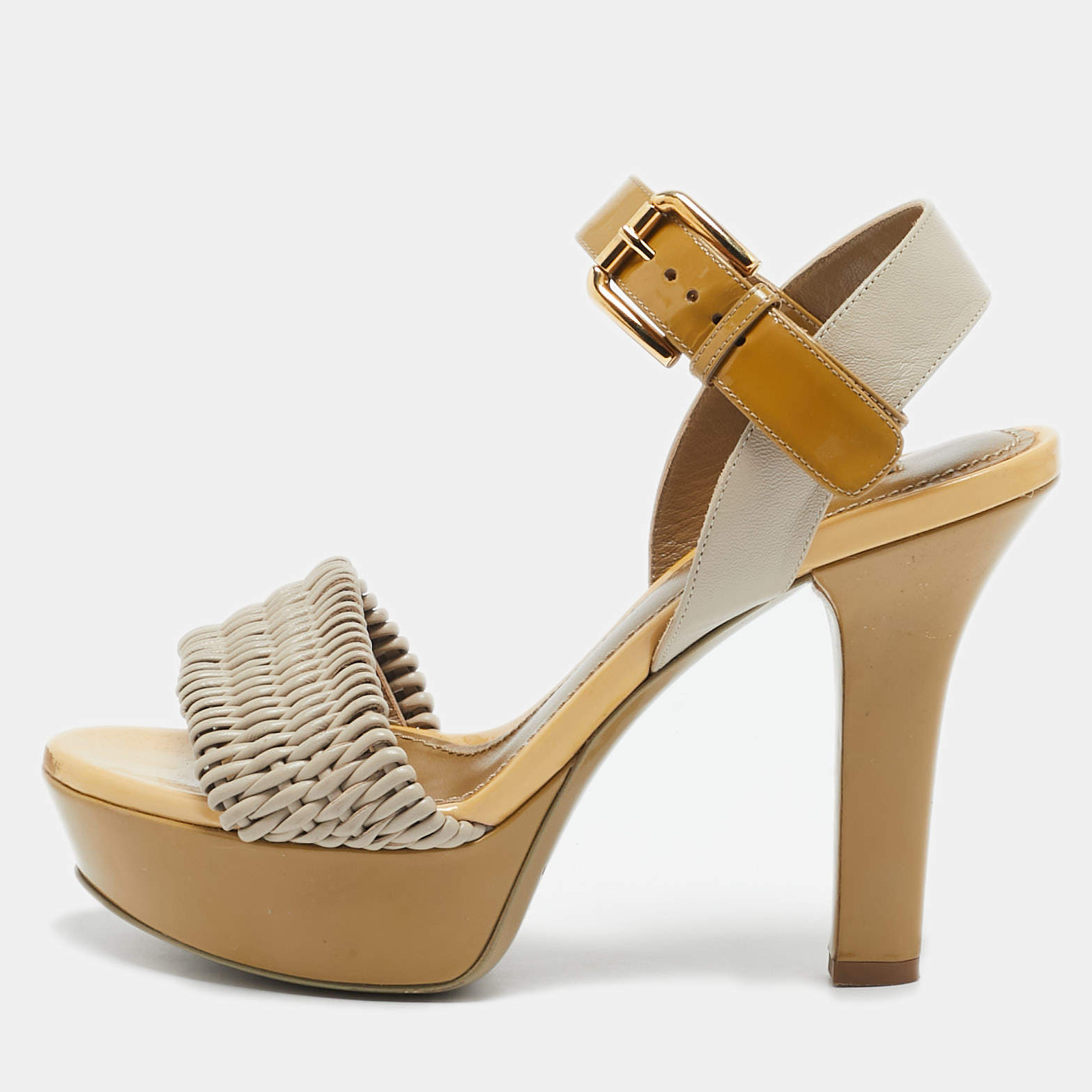 Pre Owned Dolce & Gabbana Green//Grey Leather and Patent Leather Ankle Strap Sandals Size 38