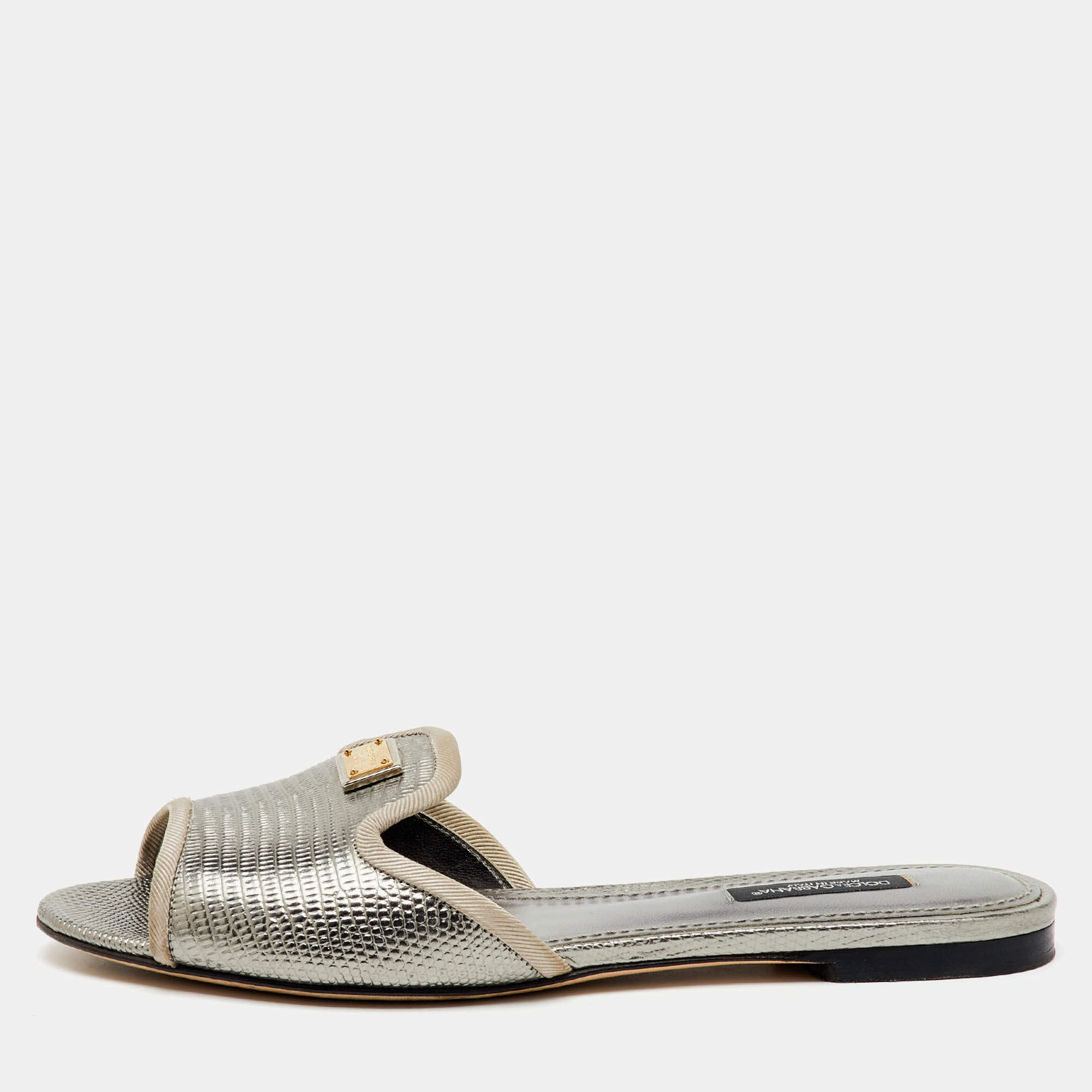 Dolce & Gabbana Silver Iguana Laminated Leather Flat Slide Sandals Size 36.5