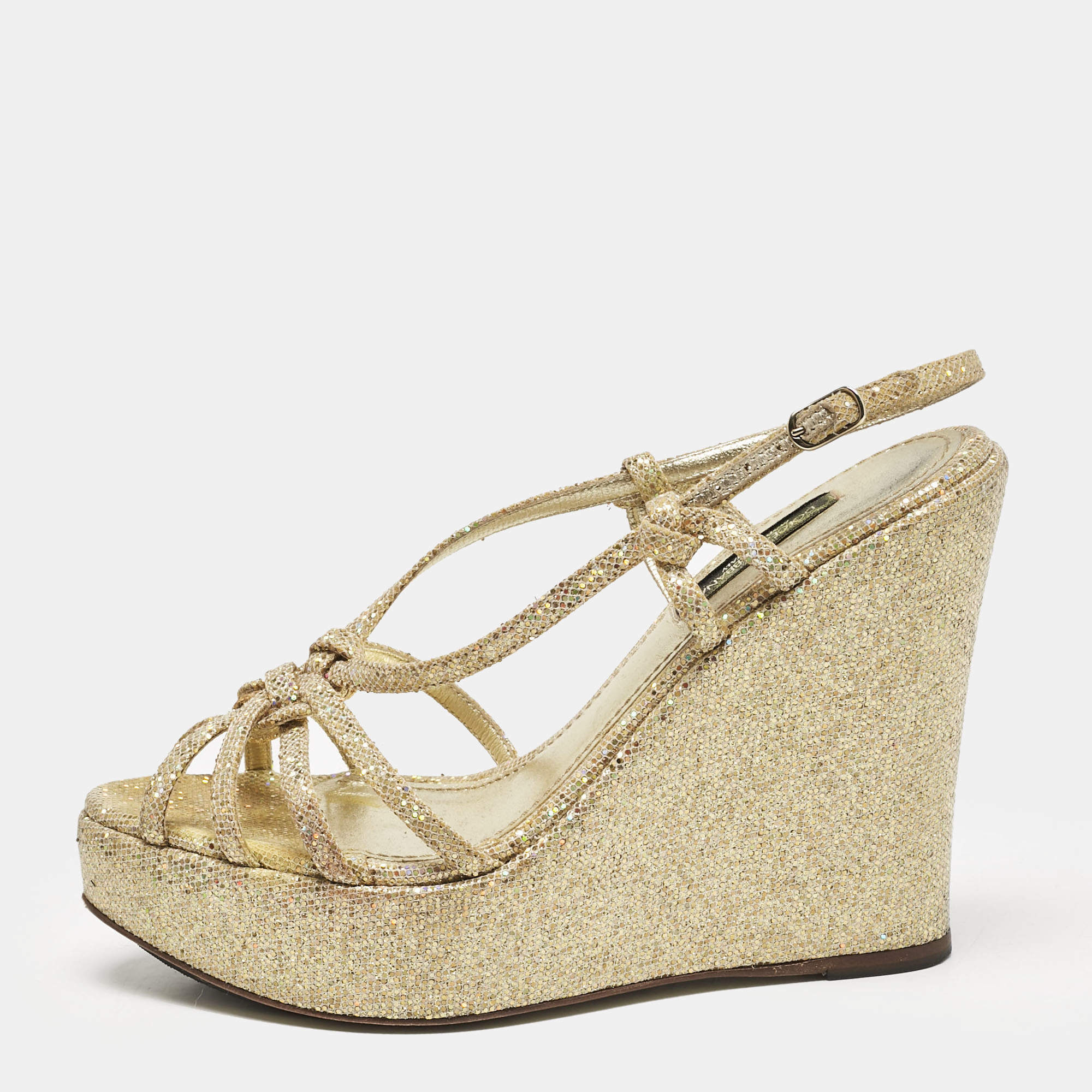 Dolce & Gabbana Gold Glitter and Canvas Wedge Sandals Size 36