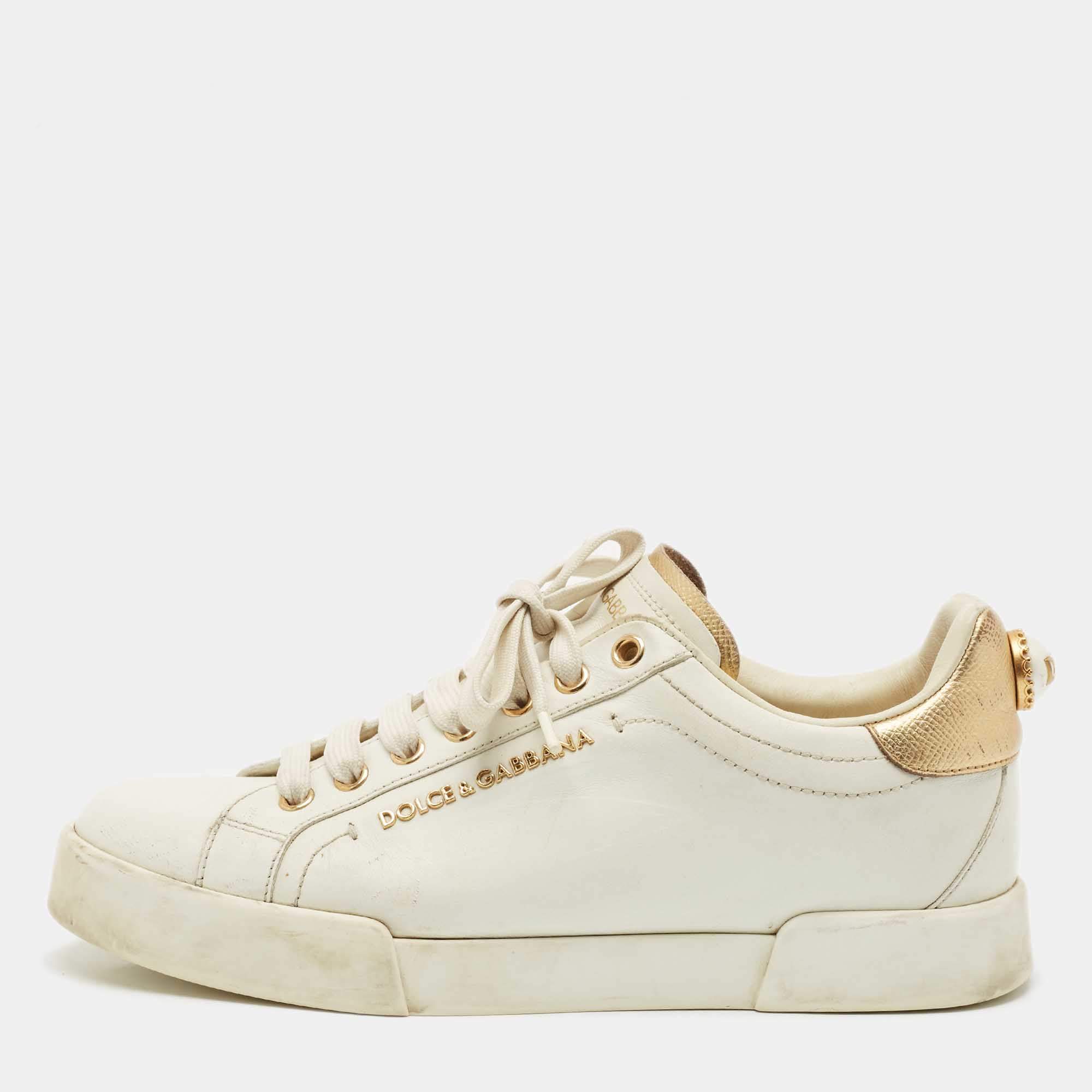 Dolce & Gabbana White Leather Pearl Embellished Portofino Sneakers Size 38