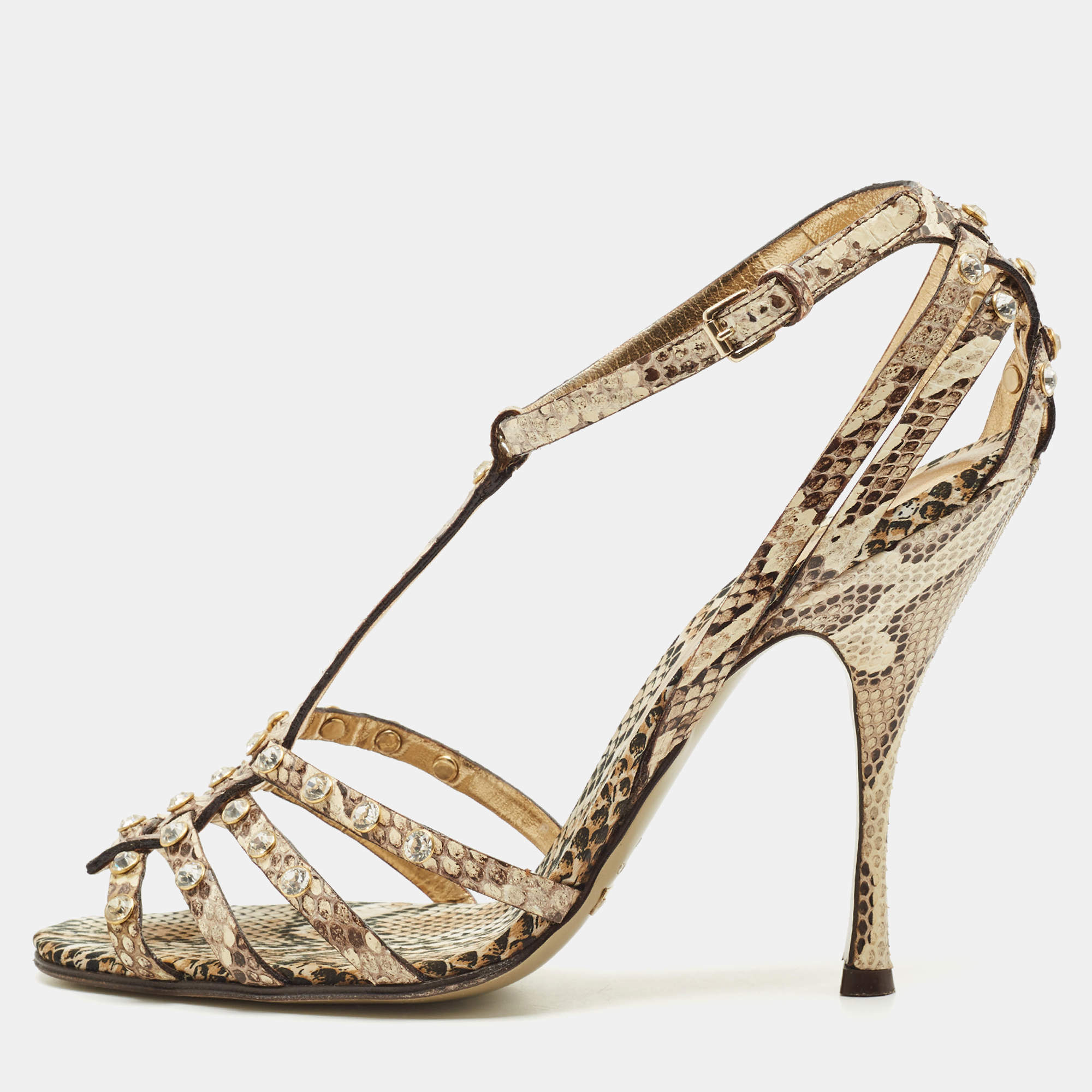 Dolce & Gabbana Brown/Beige Python Crystal Embellished T-Strap Sandals Size 38