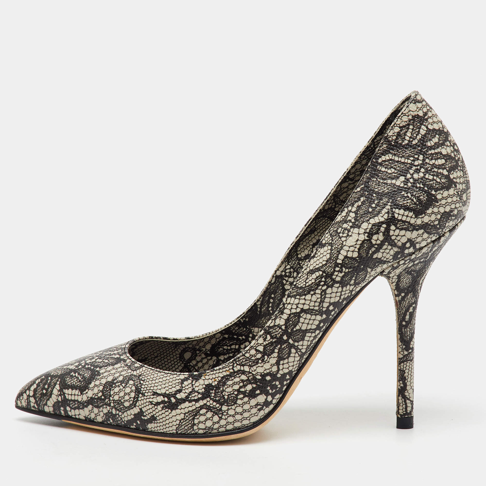 Dolce & Gabbana Black/Beige Leather Lace Printed Chantilly Pointed Toe Pumps Size 36