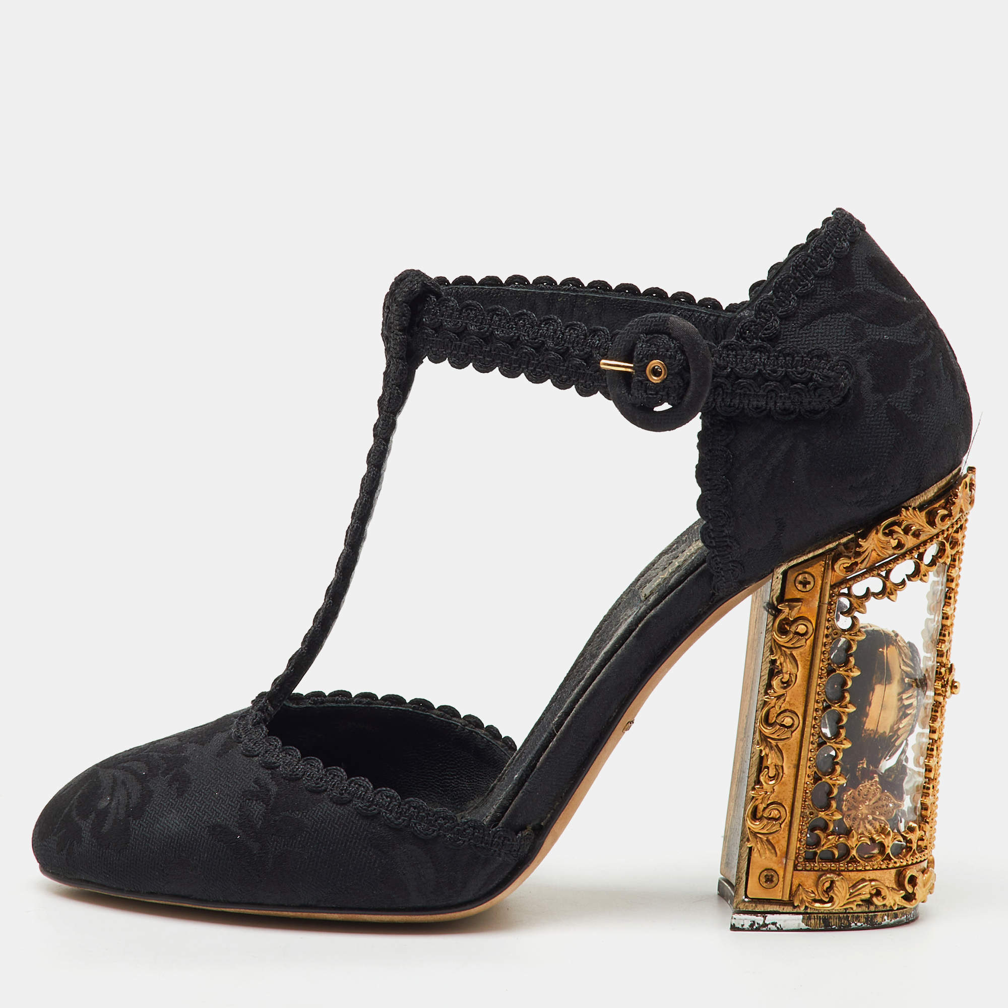 Dolce & Gabbana Black Brocade Fabric Sacred Heart T-Strap Pumps Size 37