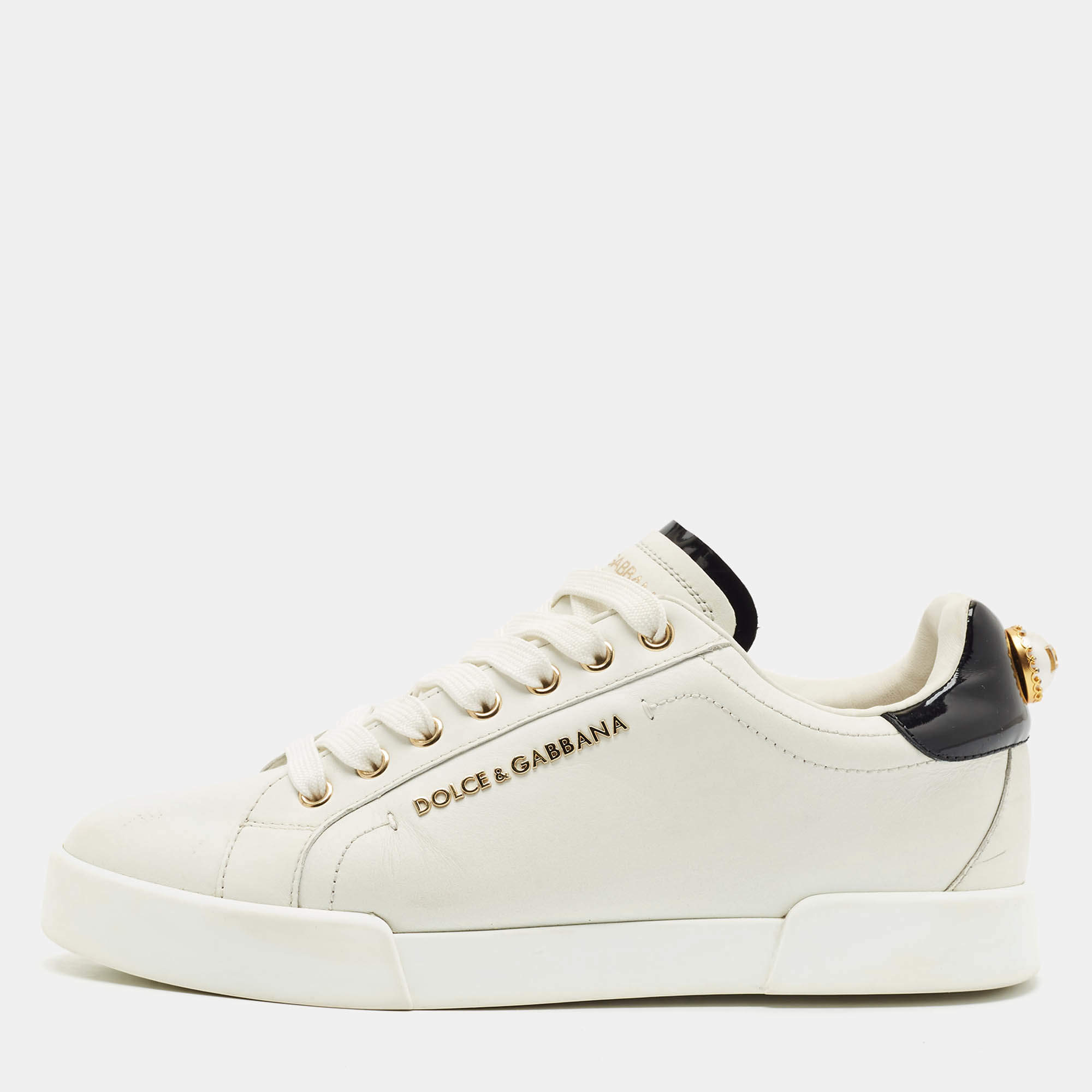 Pre Owned Dolce & Gabbana White Leather Portofino Embellished Low Top Sneakers Size 39.5