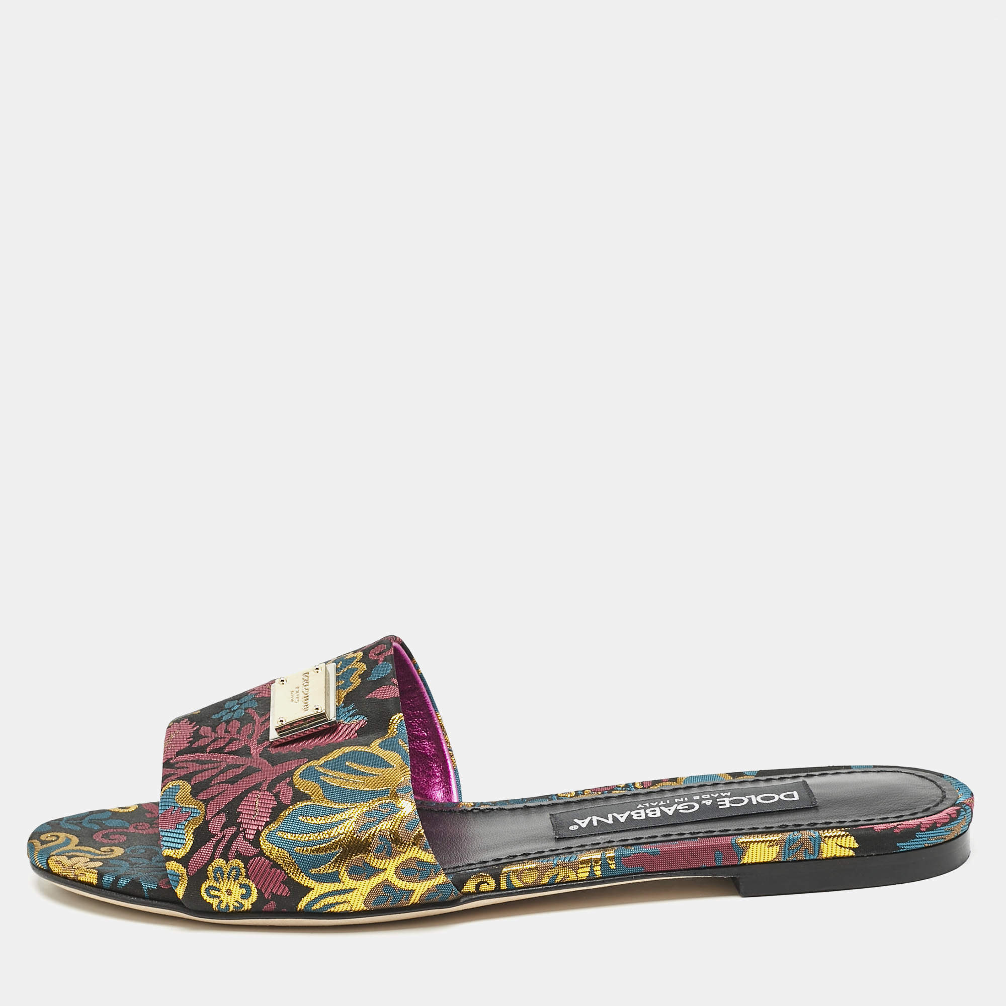 Dolce & Gabbana Multicolor Brocade Fabric Flat Slides Size 37
