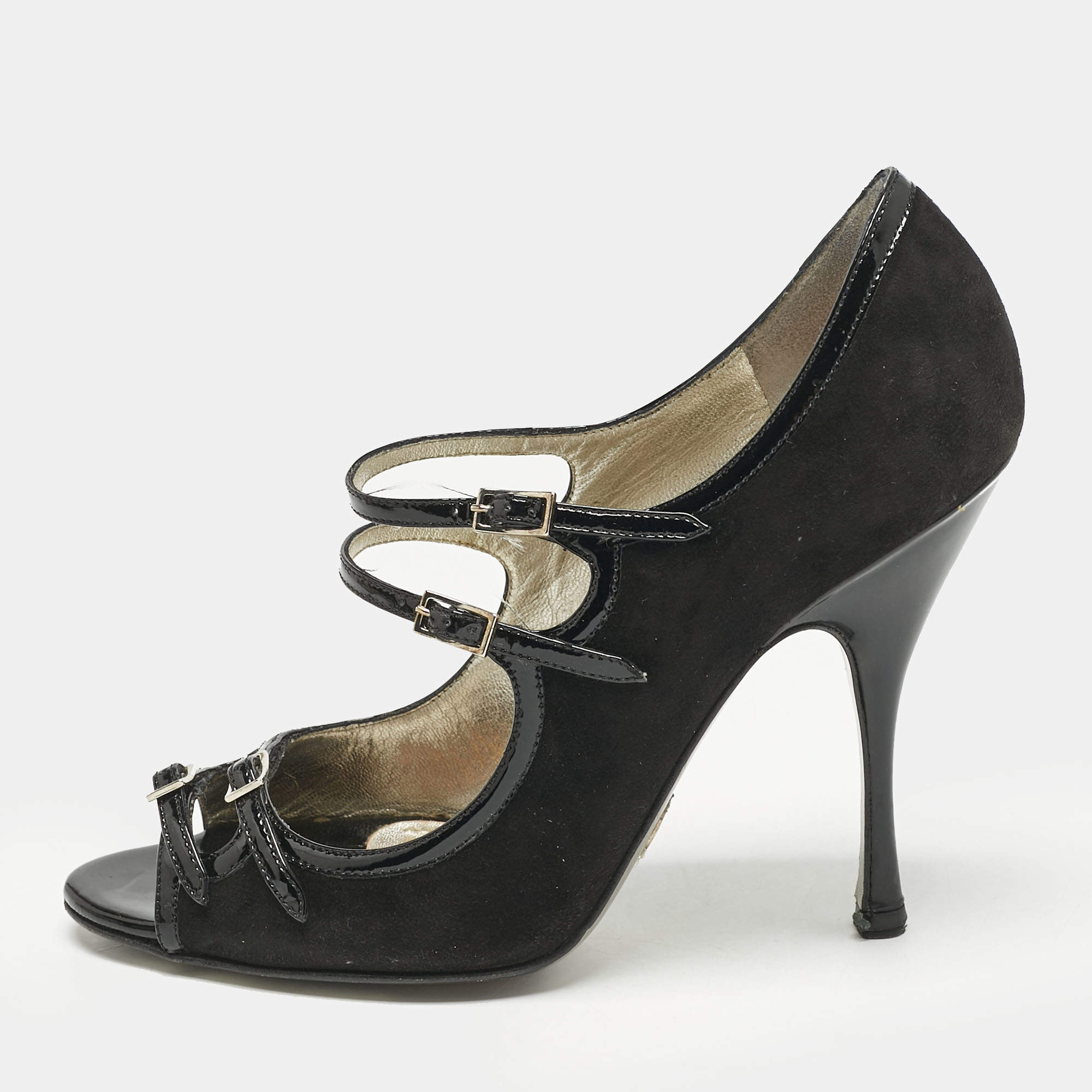 Pre Owned Dolce & Gabbana Black Suede and Patent Leather Mary Jane Pumps Size 37.5
