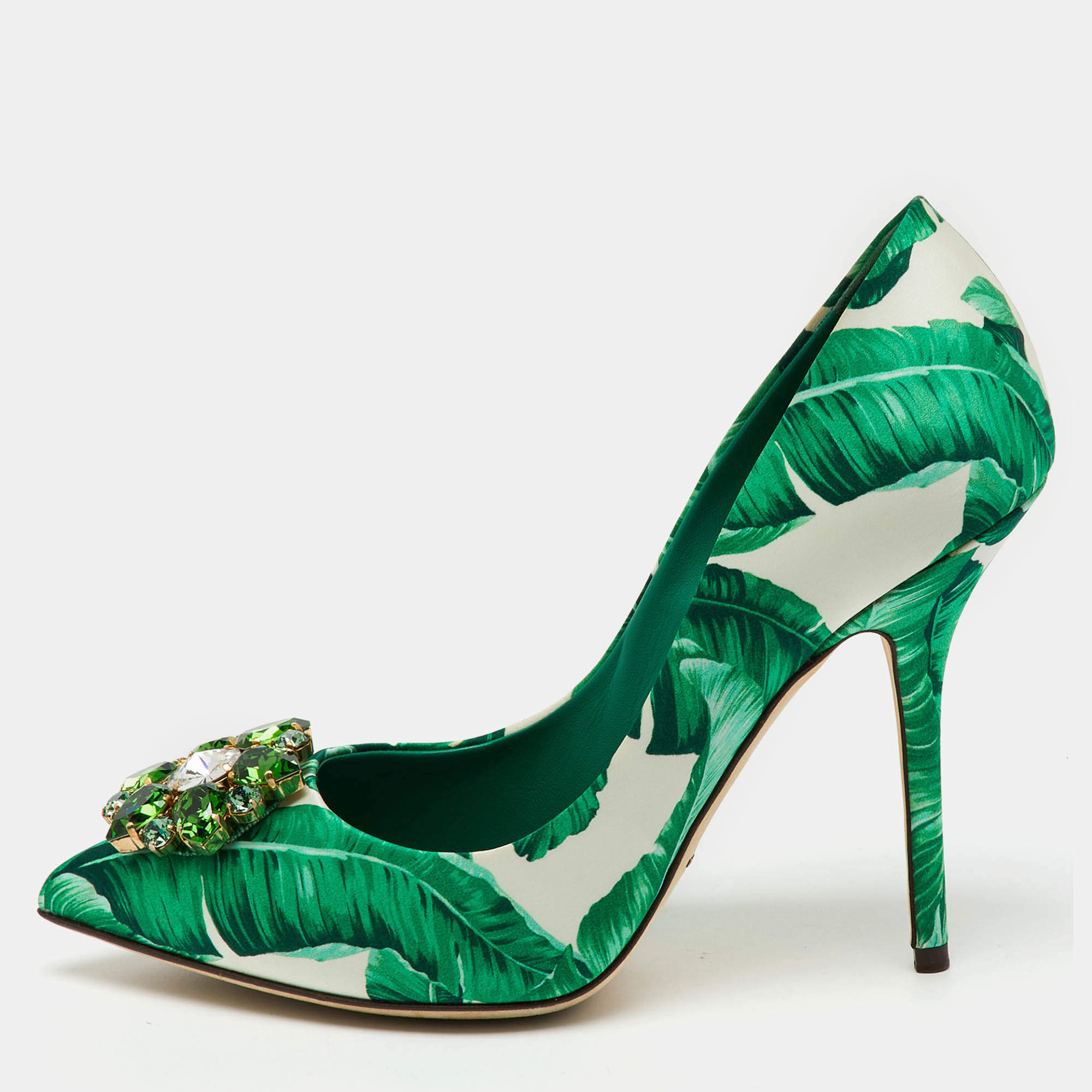 Dolce & Gabbana Multicolor Banana Leaf Print Satin Crystal Embellished Pumps Size 39
