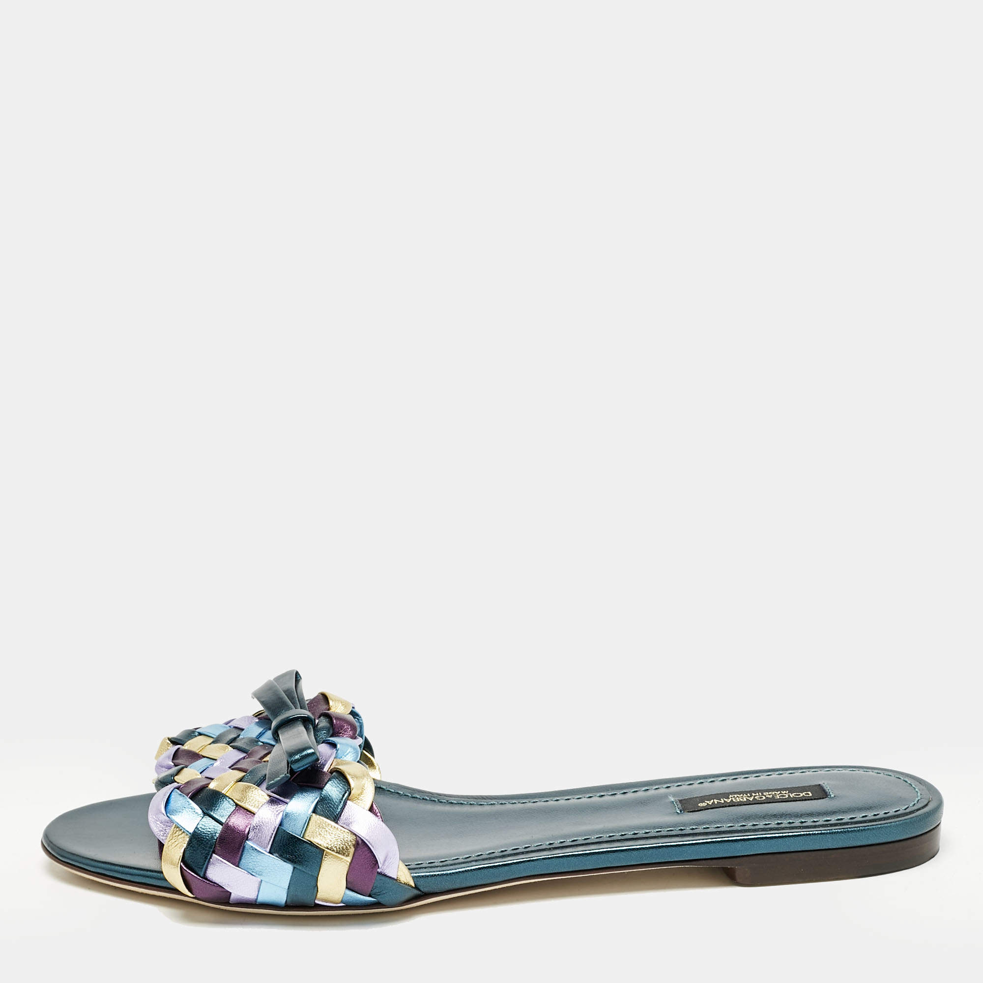Dolce & Gabbana Multicolor Metallic Leather Woven Bow Flat Slide Sandals Size 40