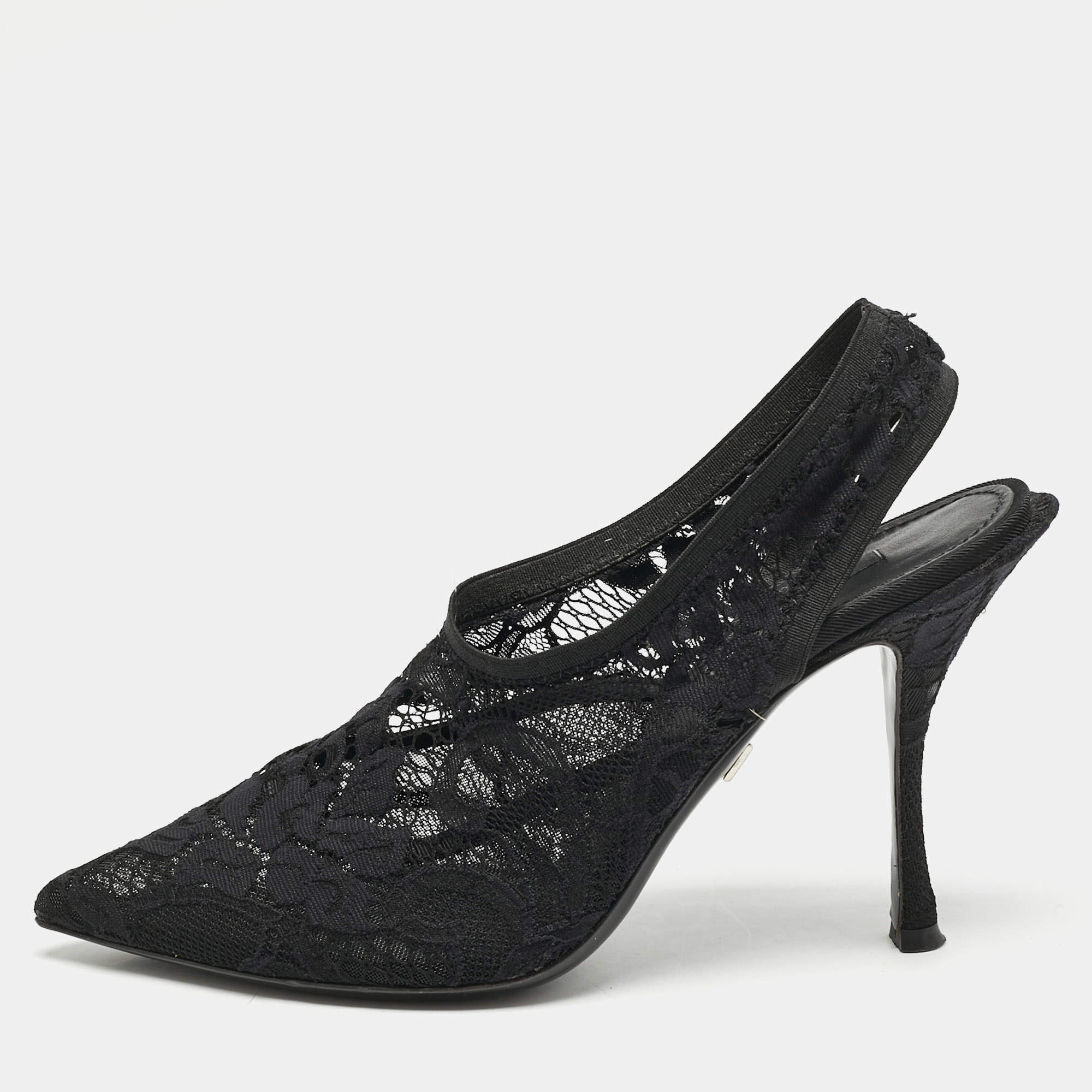 Dolce & Gabbana Black Lace Pointed Toe Slingback Pumps Size 38