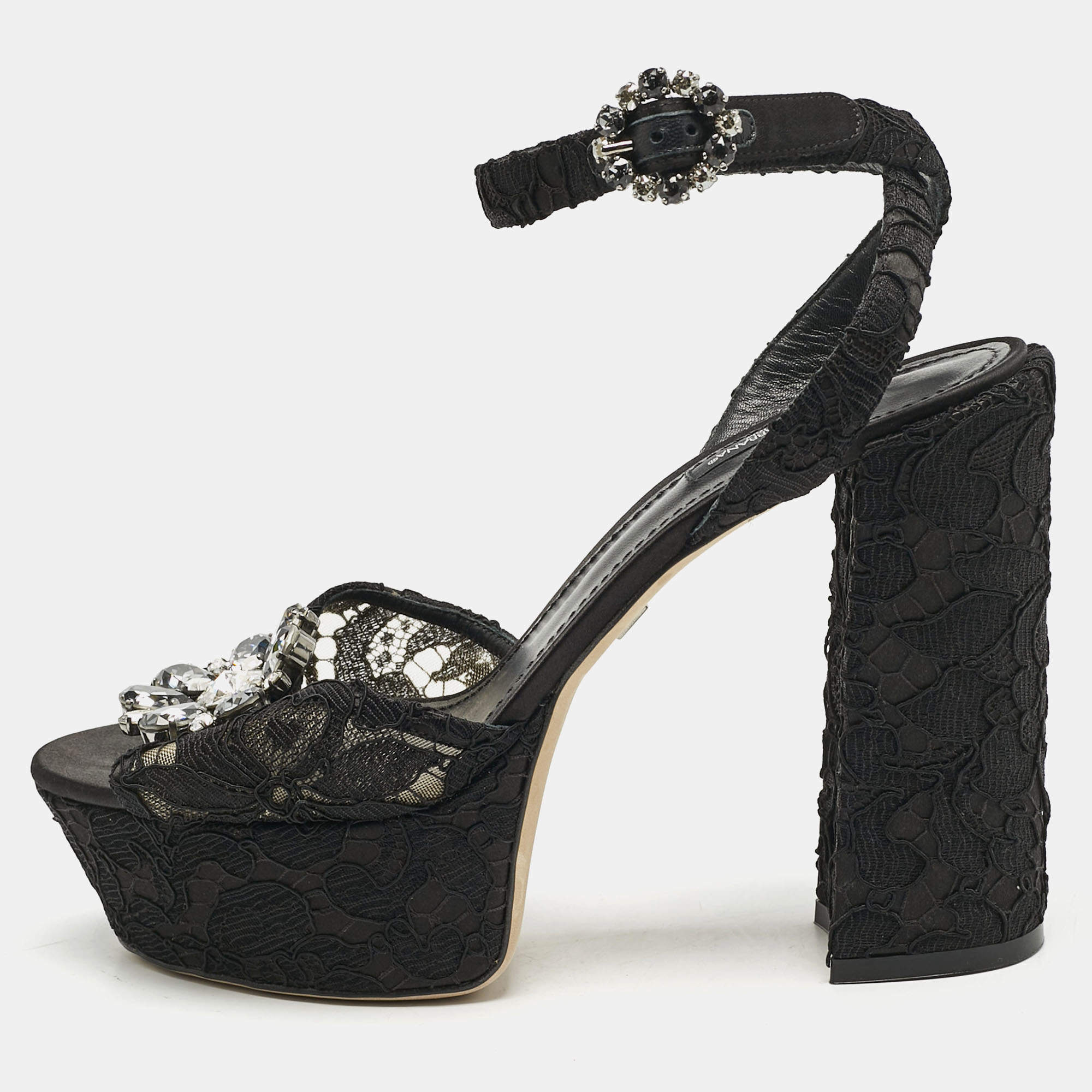 Dolce & Gabbana Black Lace and Mesh Crystal Platform Ankle Strap Sandals Size 40