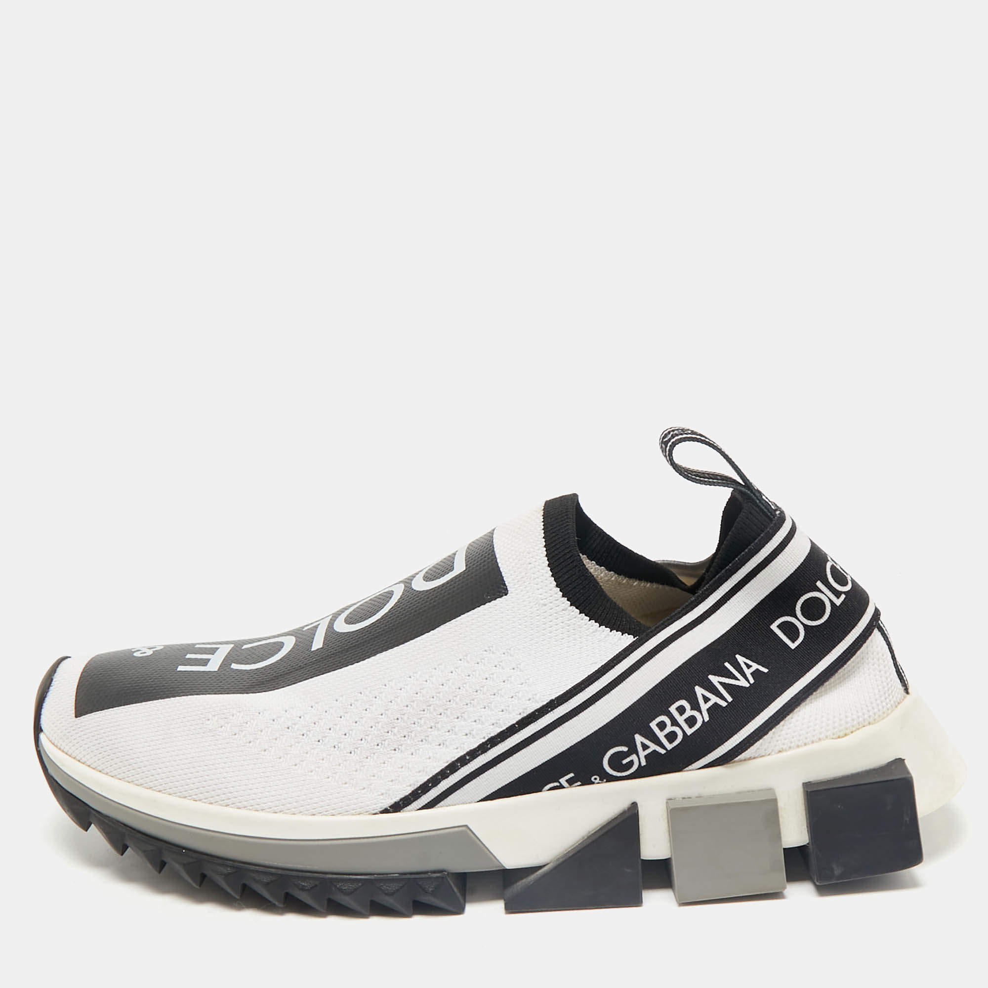 Dolce & Gabbana White/Black Knit Fabric Sorrento Slip On Sneakers Size 37