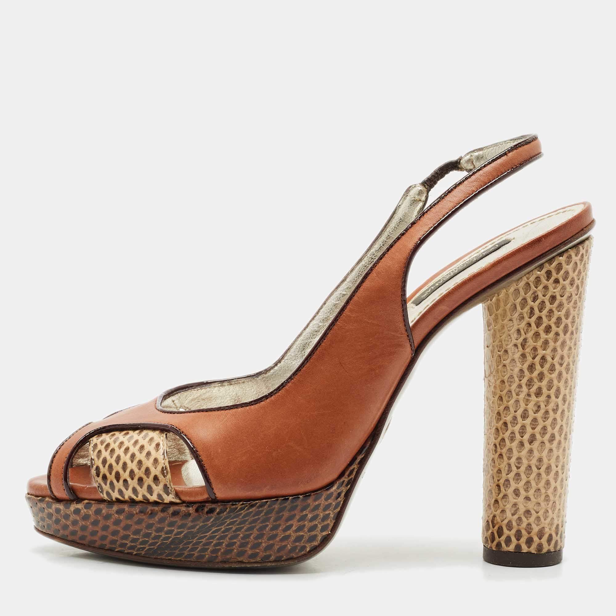 Dolce & Gabbana Brown Leather and Snakeskin Leather Sandals Size 38