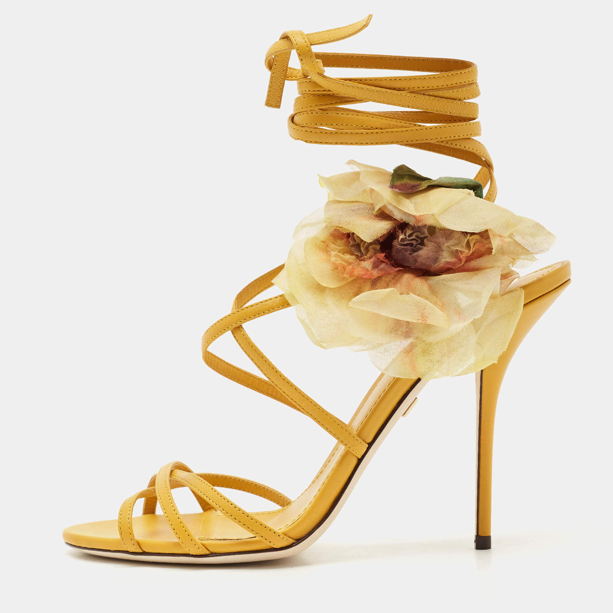 Dolce & Gabbana Yellow Leather Flower Embellished Ankle Wrap Sandals Size 39.5
