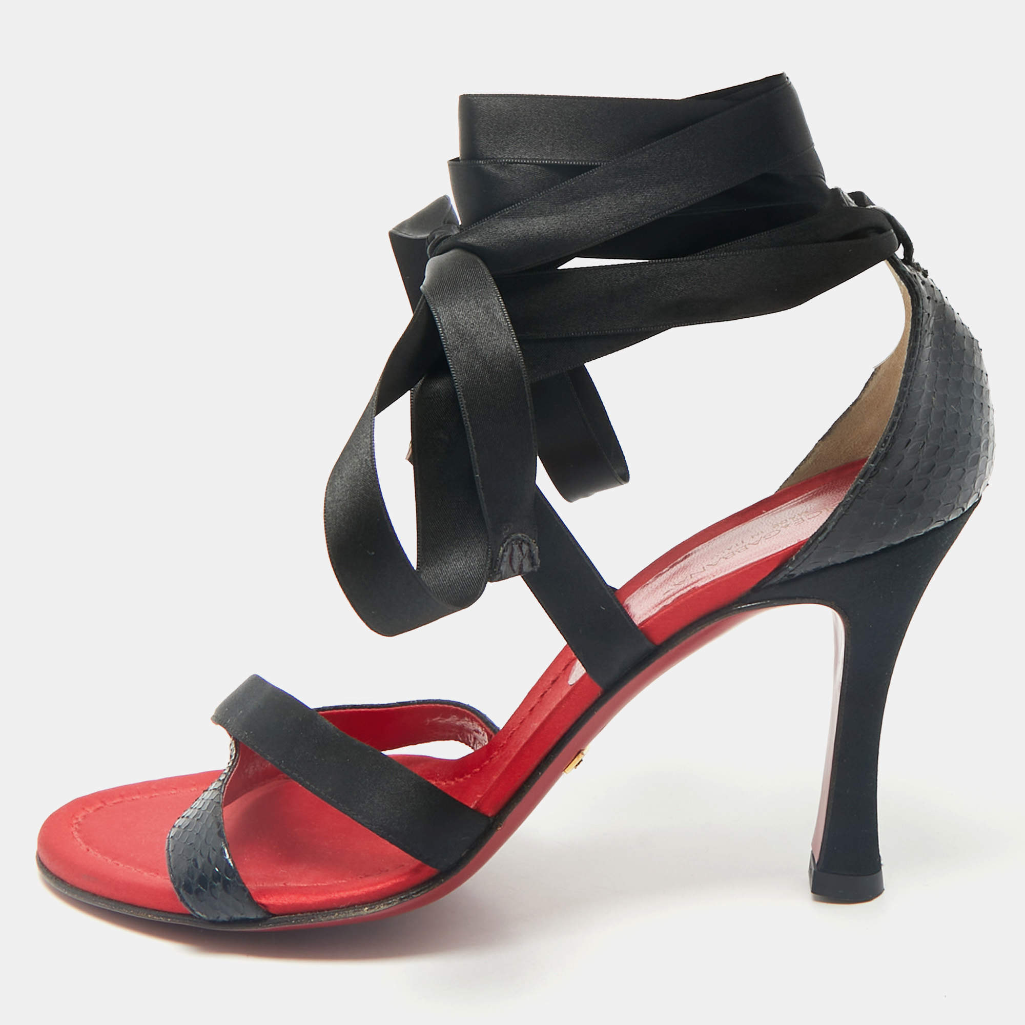 Dolce & Gabbana Black Snakeskin and Satin Ankle Wrap Sandals Size 38.5
