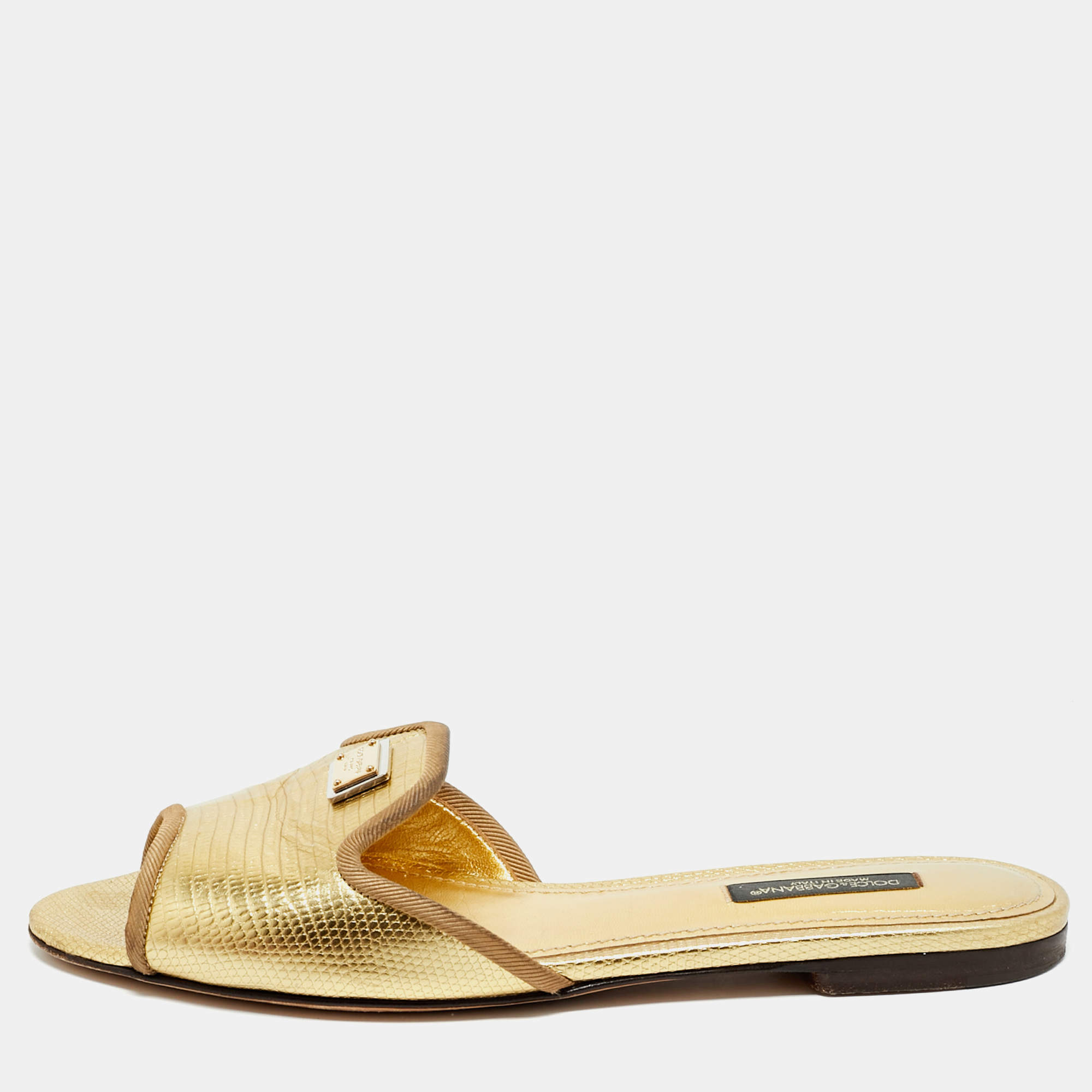 Pre Owned Dolce & Gabbana Gold Lizard Embossed Leather Flat Slides Size 36
