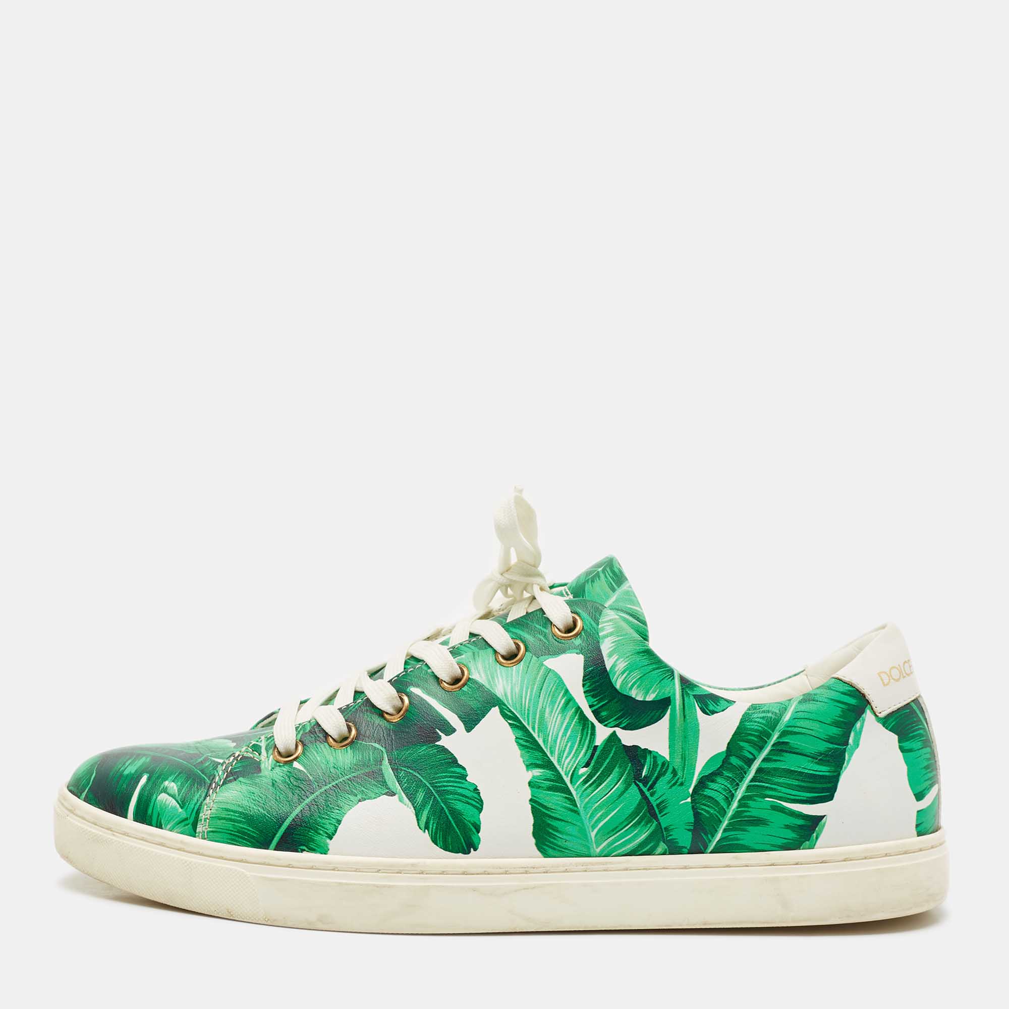 Pre Owned Dolce & Gabbana Green/White Leather Banana Leaf Print Low Top Sneakers Size 40