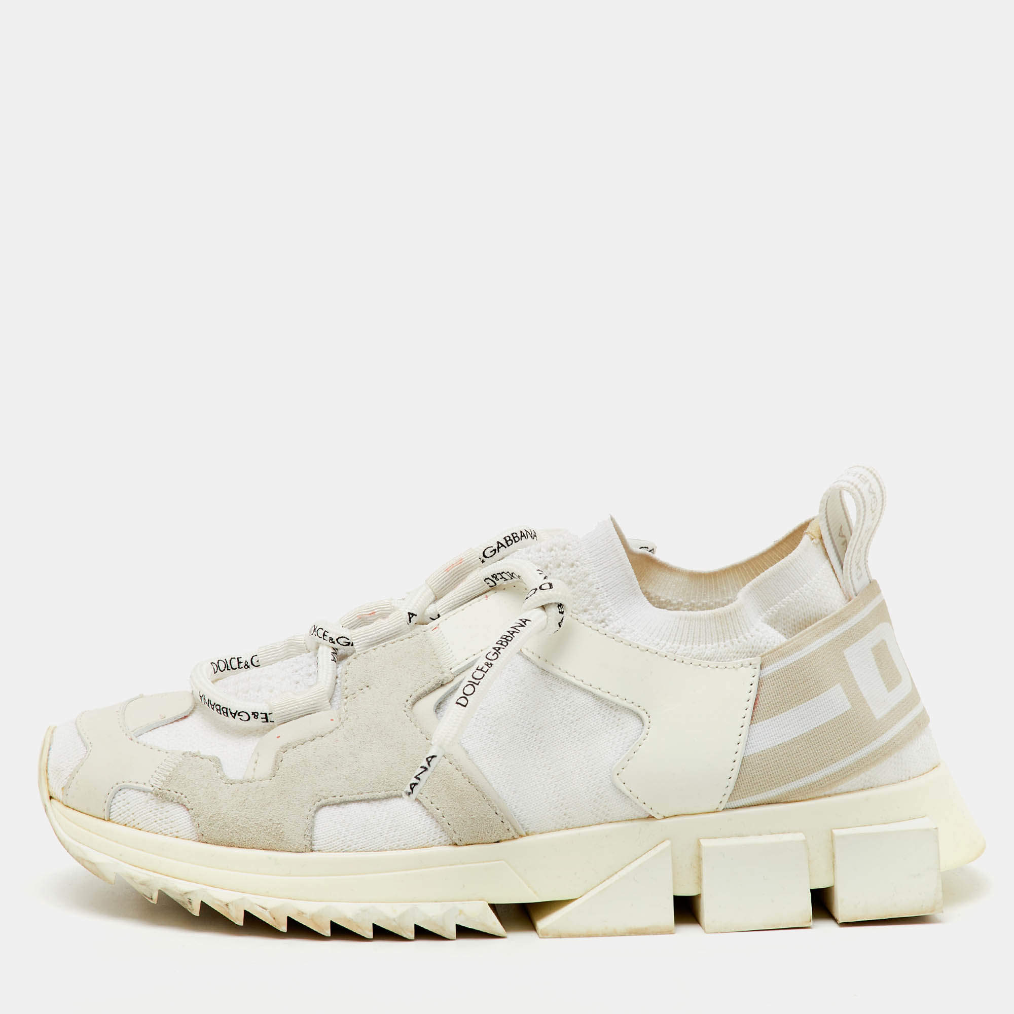 Dolce & Gabbana White Knit Fabric, Suede and Leather Sorrento Lace Up Sneakers Size 36
