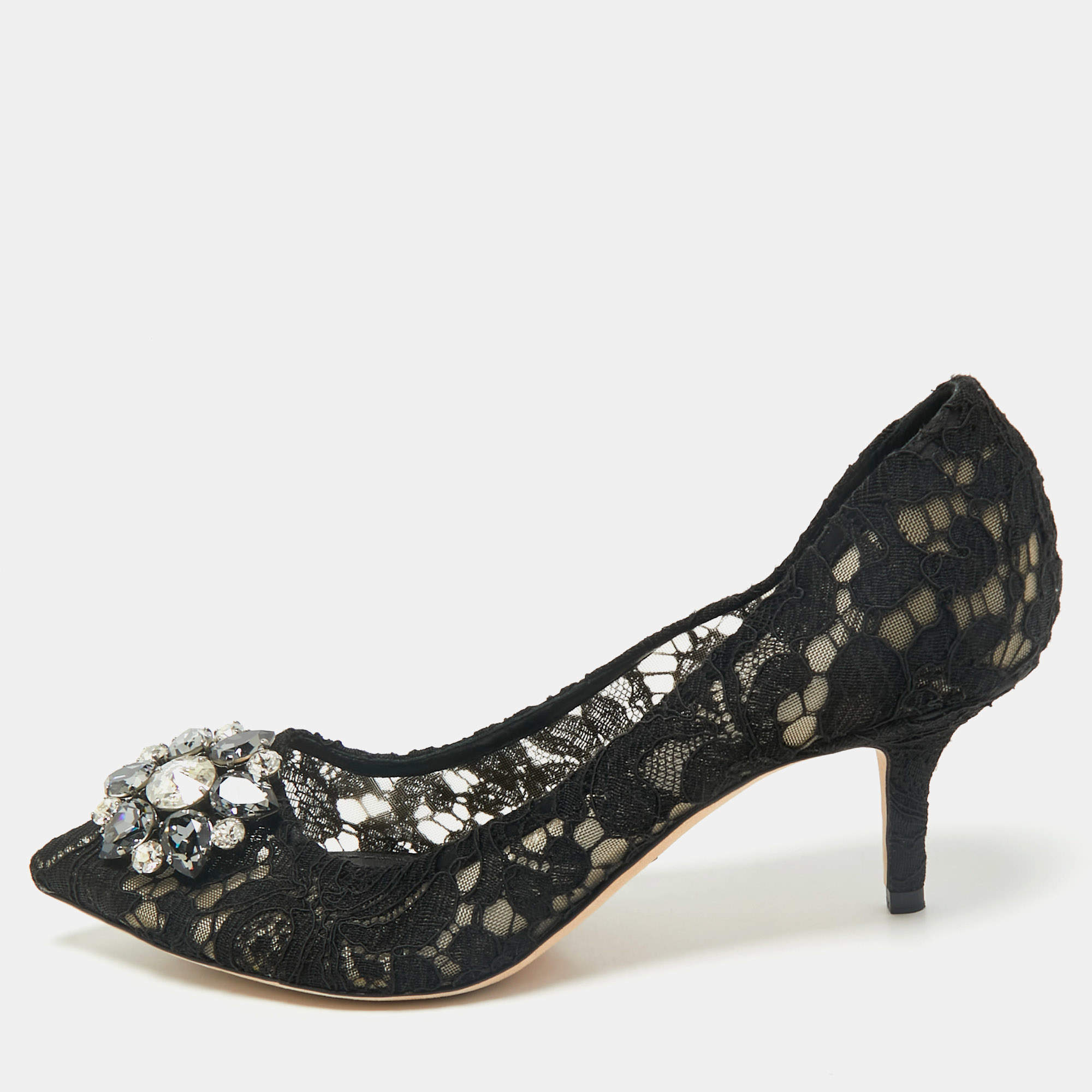 Dolce & Gabbana Black and Lace Bellucci Crystal Embellishment Pumps Size 38.5