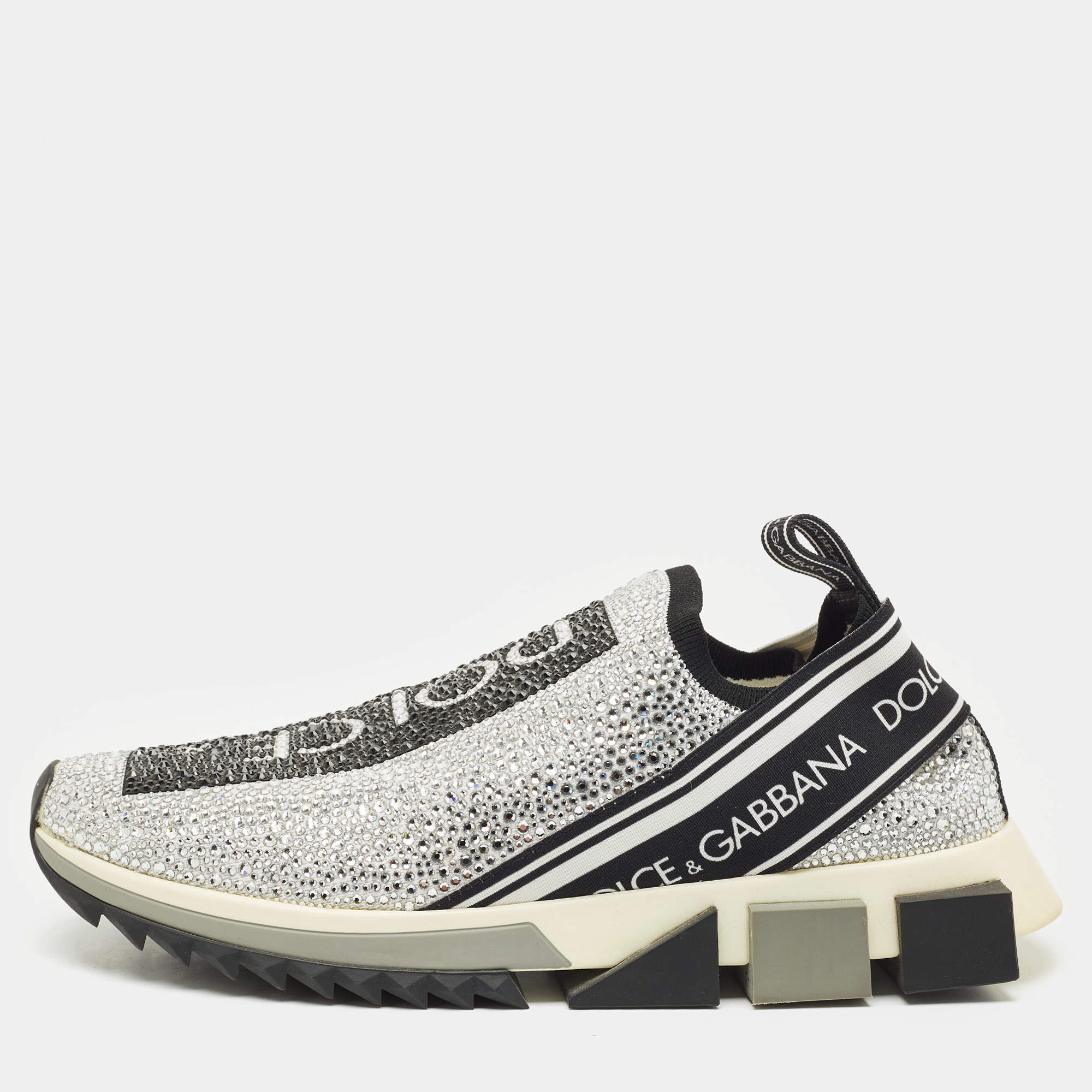 Dolce & Gabbana Silver/Black Fabric Crystal Embellished Sorrento Sneakers Size 41