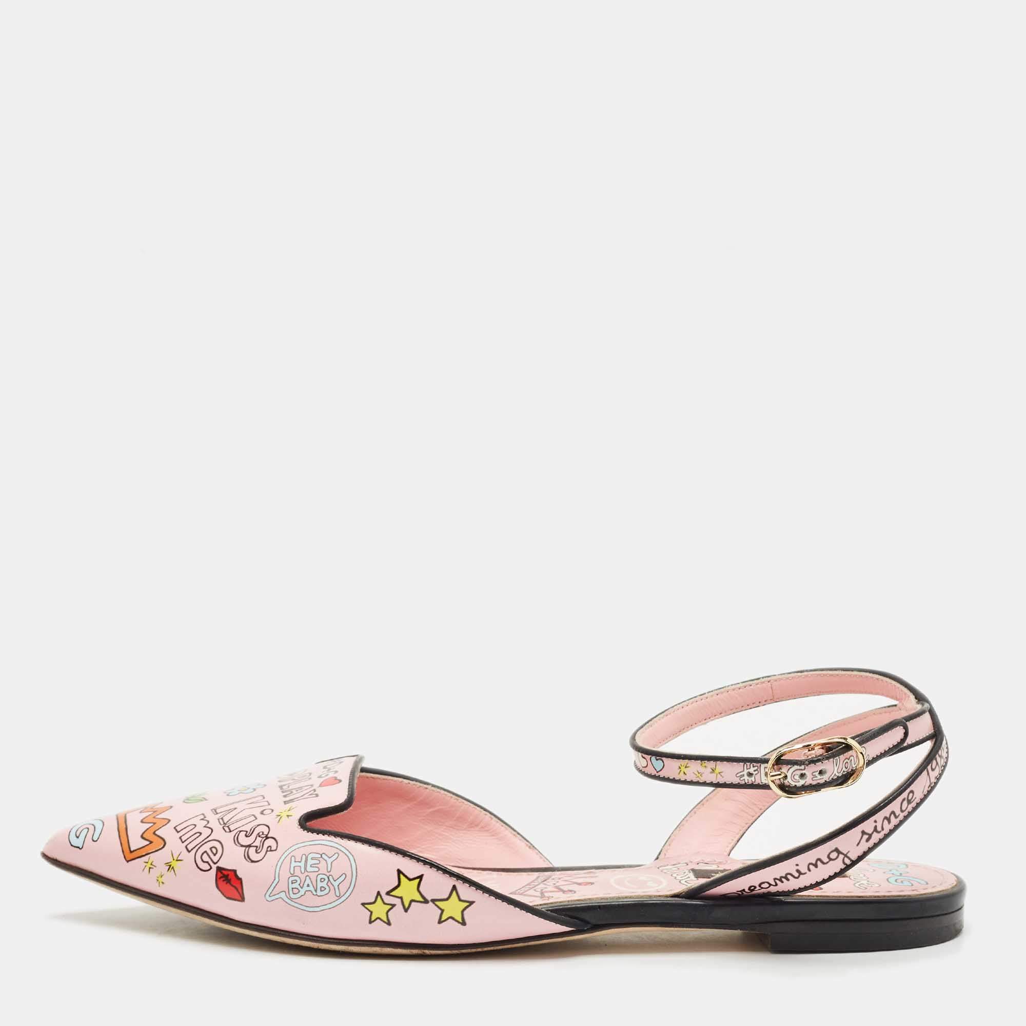 Pre Owned Dolce & Gabbana Multicolor Graffiti Leather Flat Sandals Size 36.5