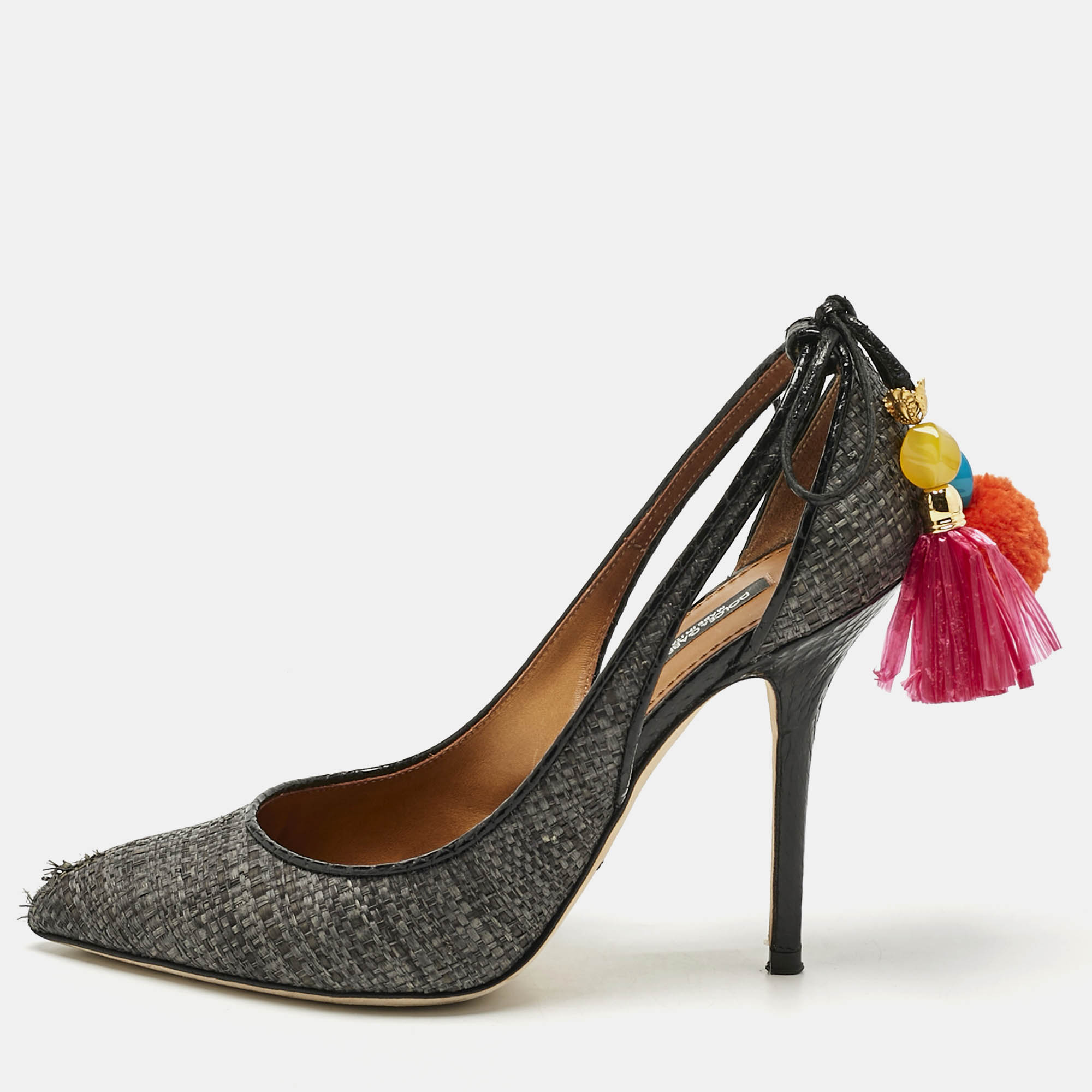 Pre Owned Dolce & Gabbana Black Raffia Pom Pom Detail Tie Up Pumps Size 37