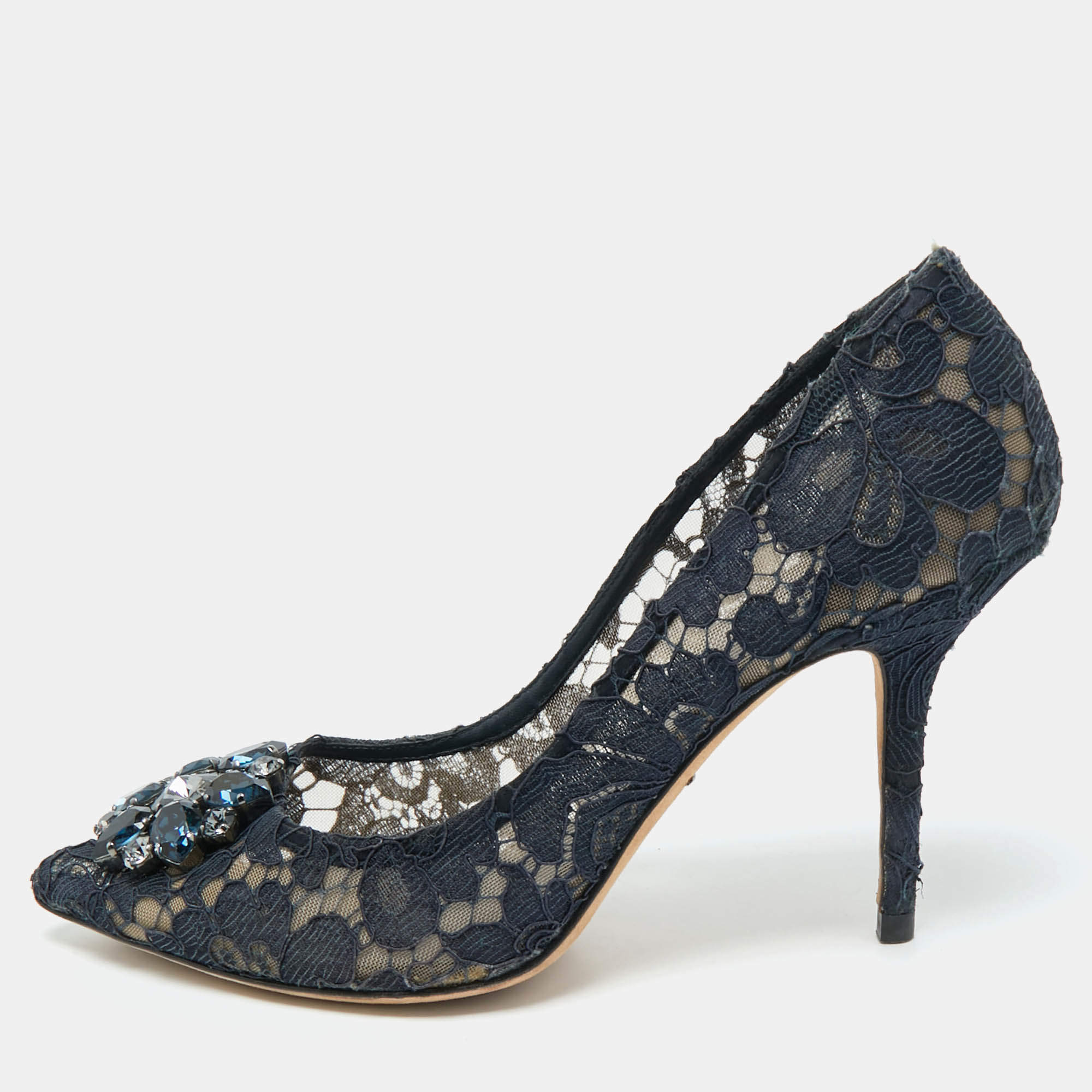 Dolce & Gabbana Navy Blue Lace and Mesh Bellucci Pumps Size 40 