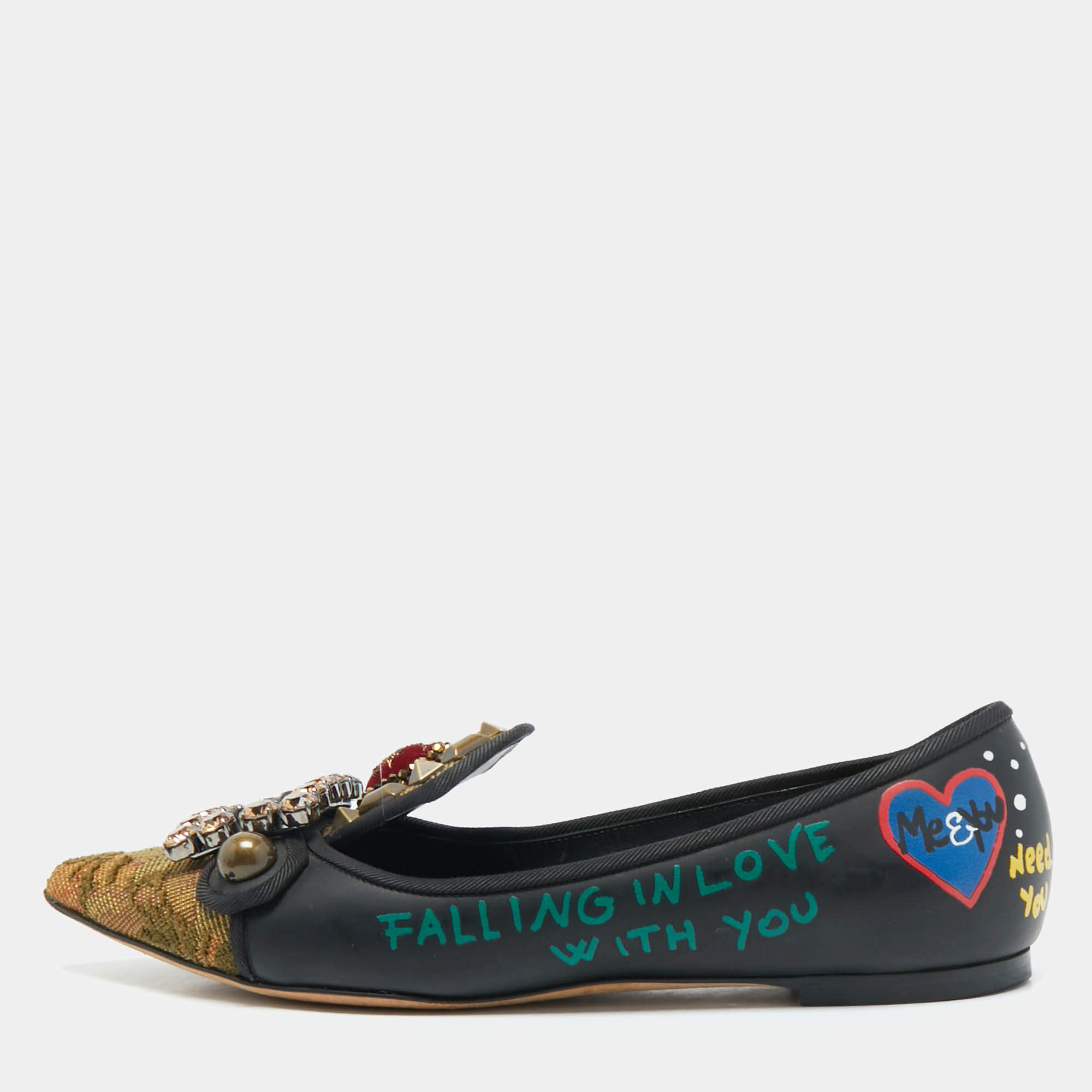 Dolce & Gabbana Black/Gold Leather and Canvas Crystal Embellished Ballet Flat Size 37