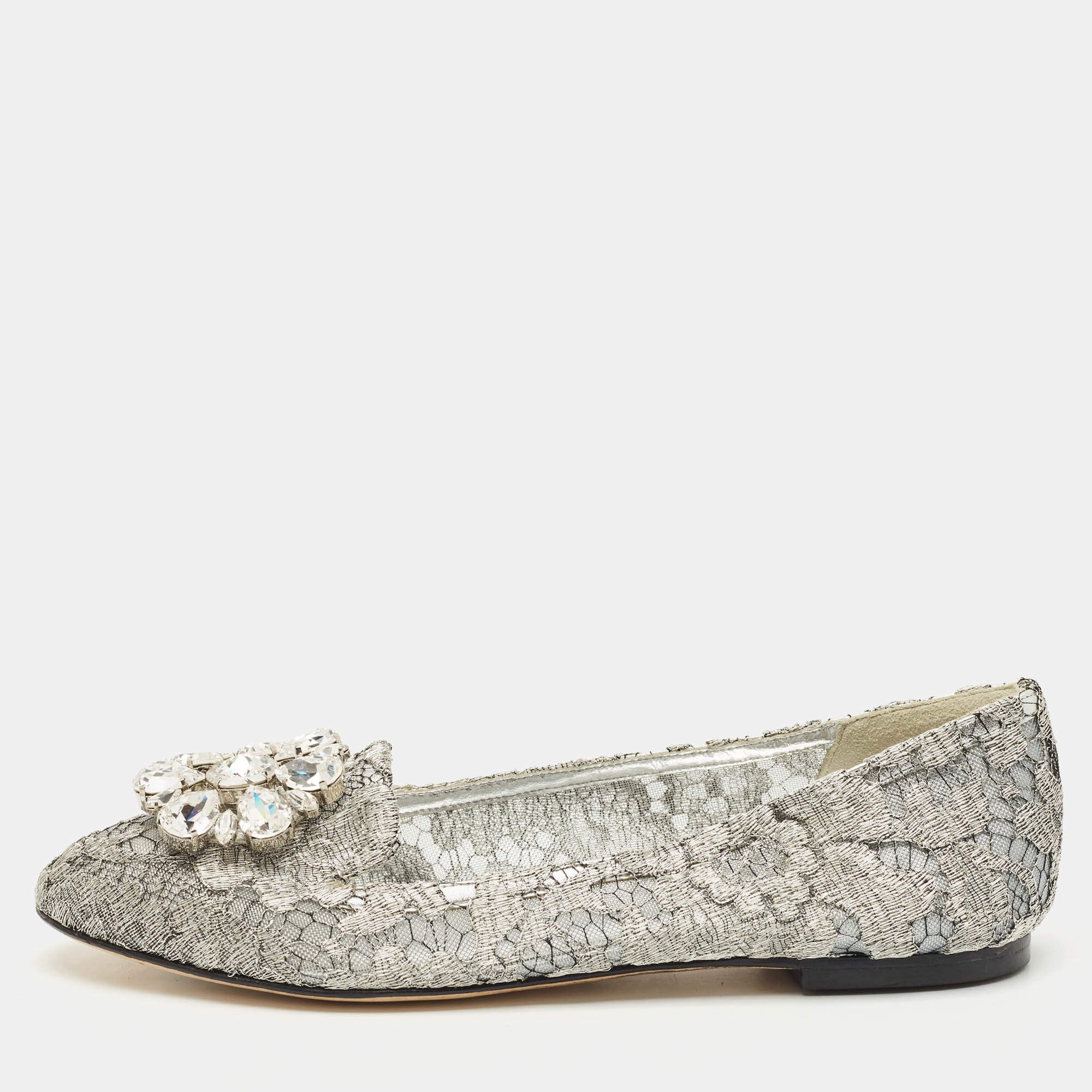 Dolce & Gabbana Silver Lace Crystal Embellished Taormina Ballet Flats Size 37
