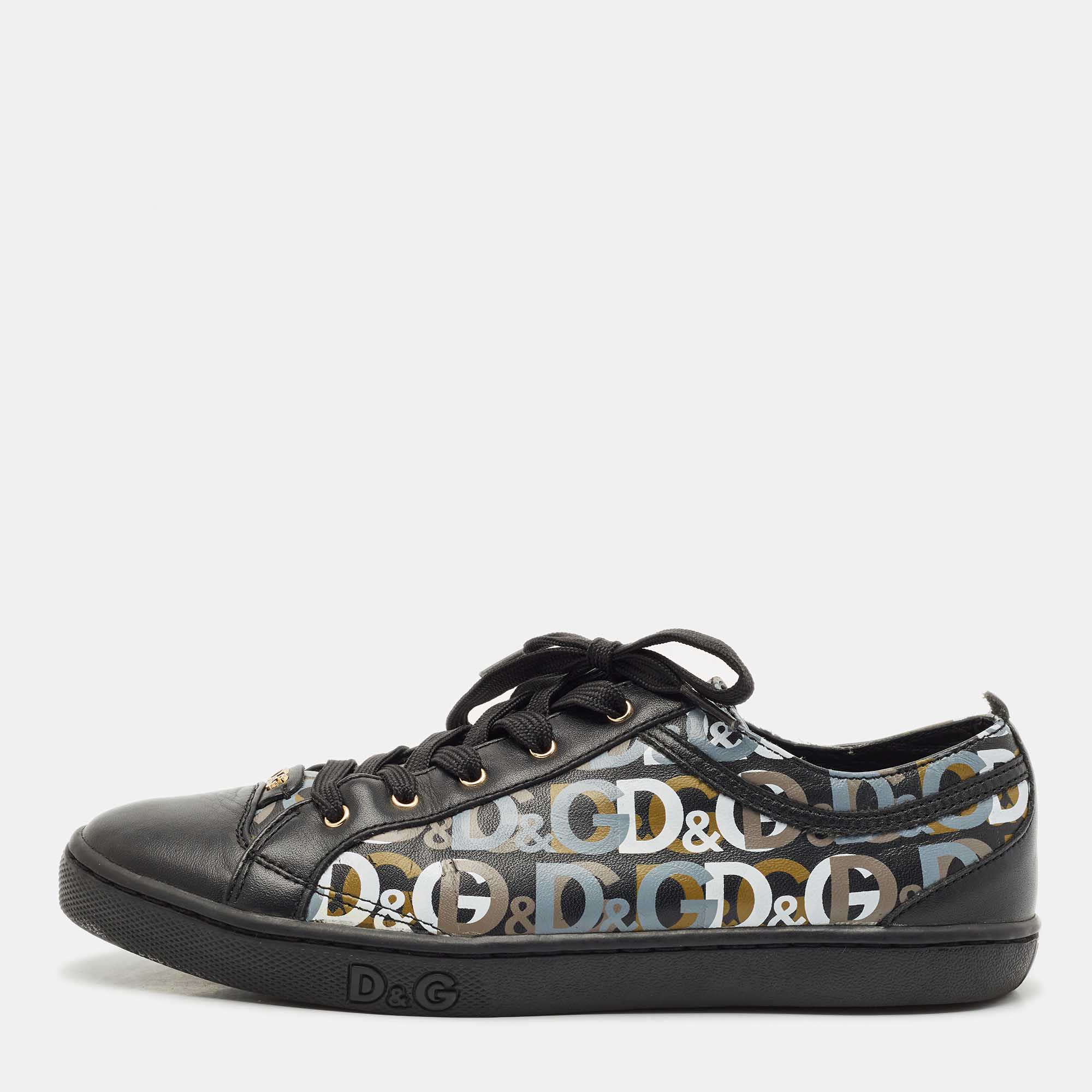 Pre Owned D&G Black Leather Lace Up Sneakers Size 37