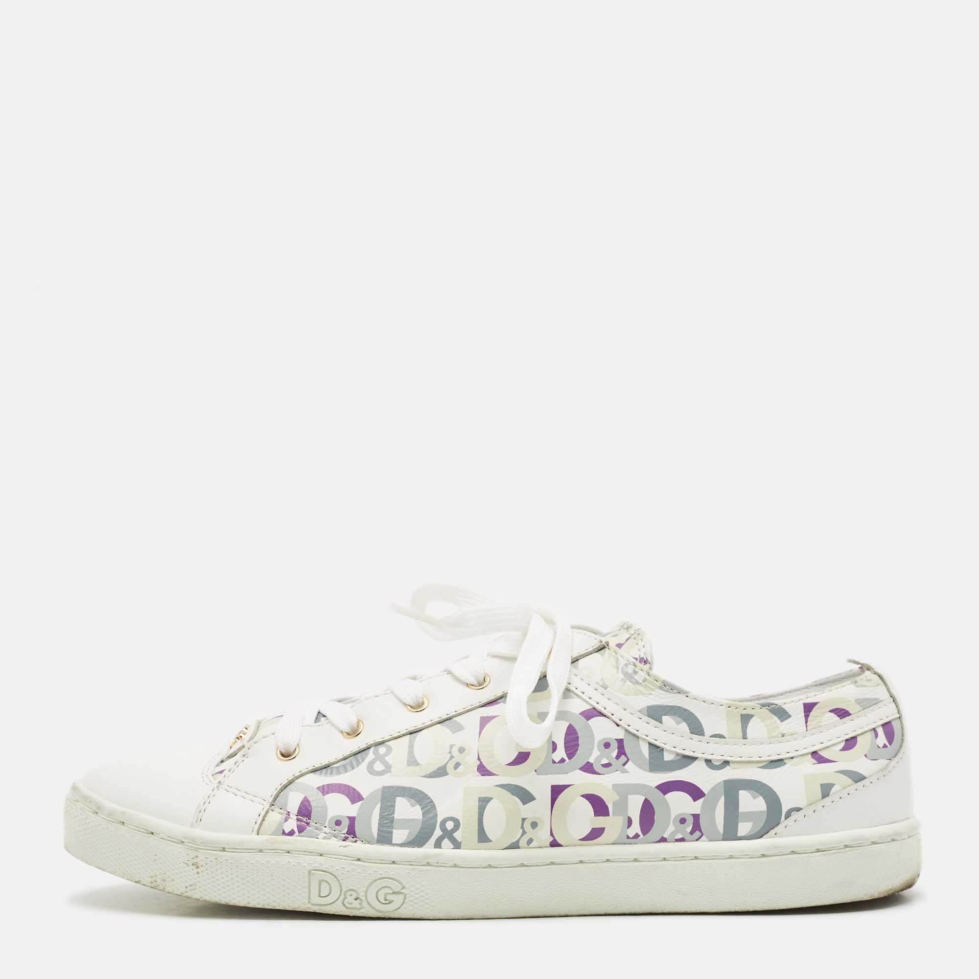 Pre Owned D & G White Leather D&G Allover Low Top Sneakers Size 37