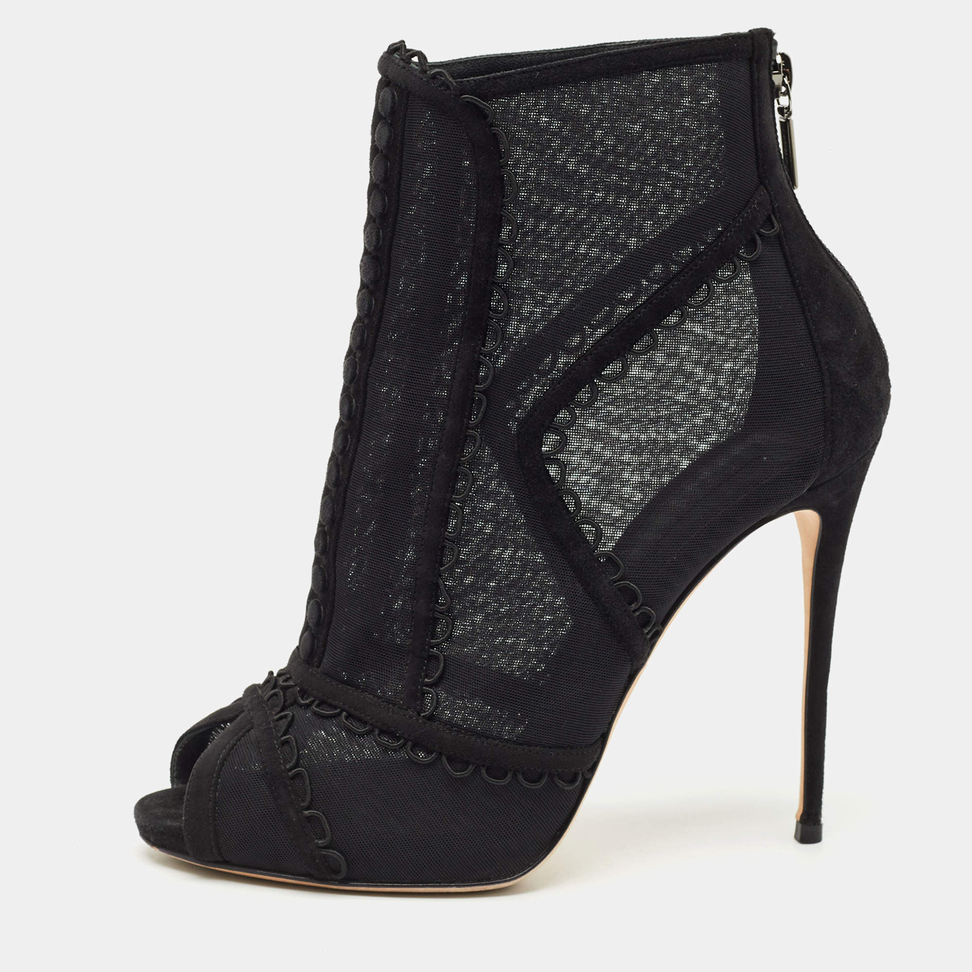 Pre Owned Dolce & Gabbana Black Mesh and Suede Trim Peep Toe Booties Size 40