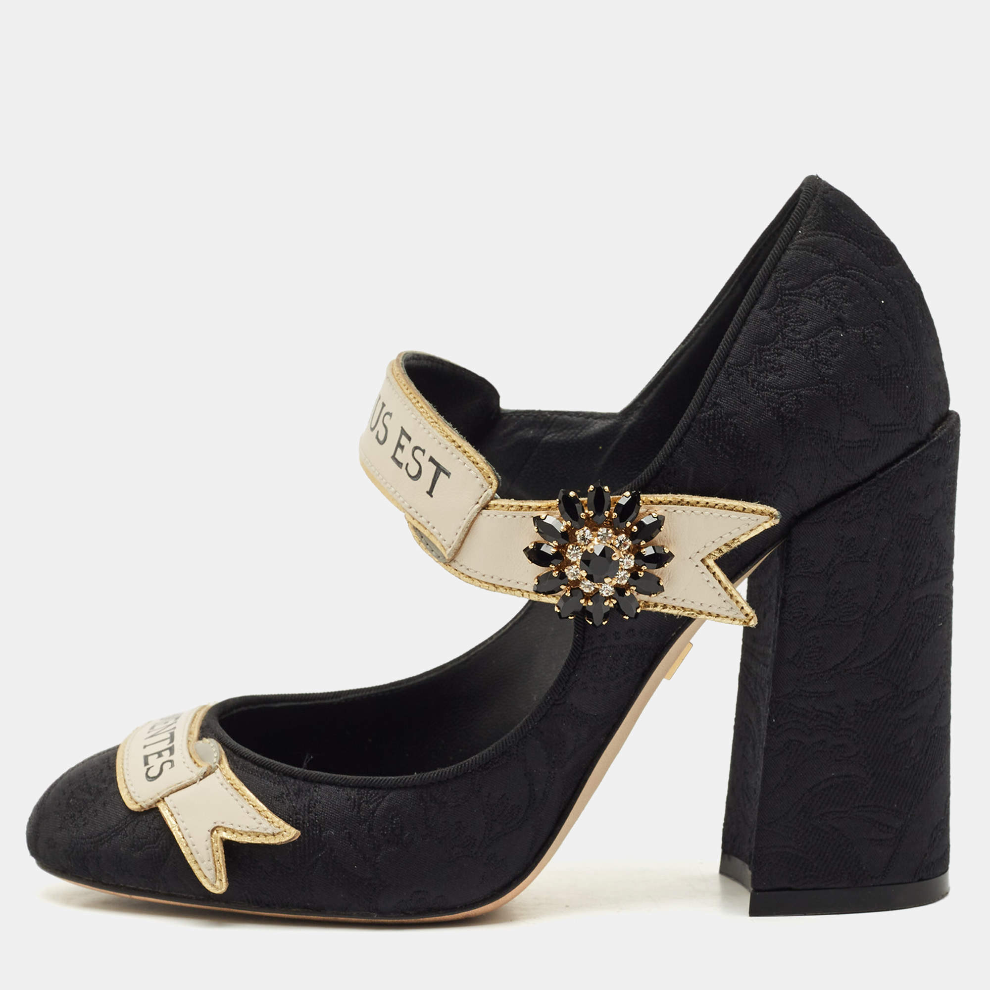 Pre Owned Dolce & Gabbana Black Brocade Fabric and Leather Crystal Embellished Mary Jane Pumps Size 37