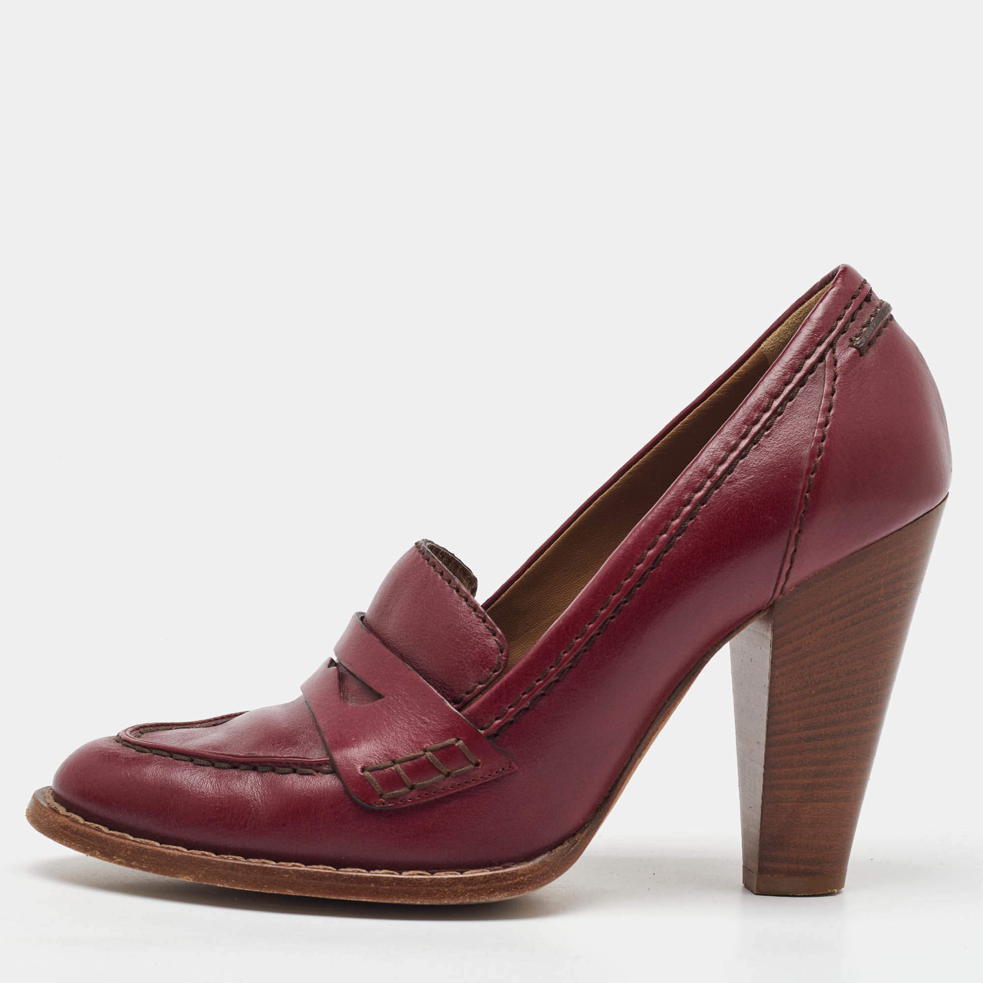 Pre Owned Dolce & Gabbana Burgundy Leather Block Heel Loafer Pumps Size 40