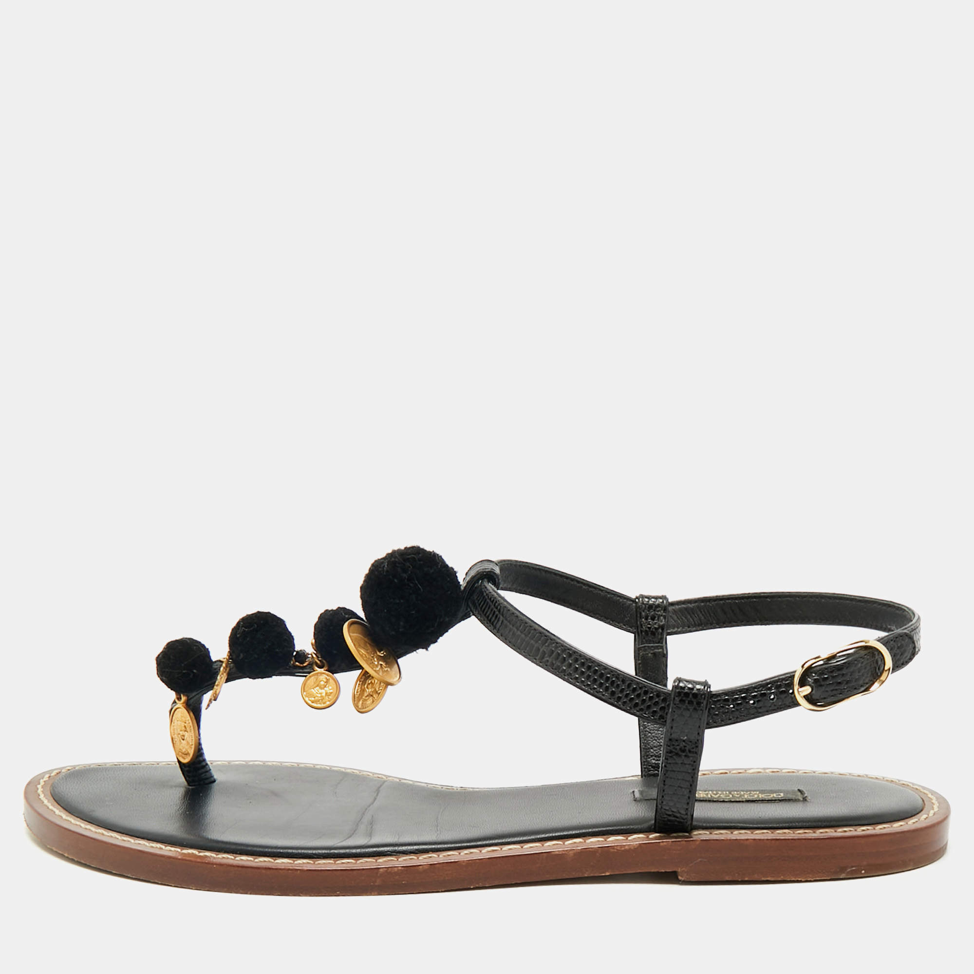 Pre Owned Dolce & Gabbana Black Lizard Embossed Leather Embellished Thong Flats Size 38.5