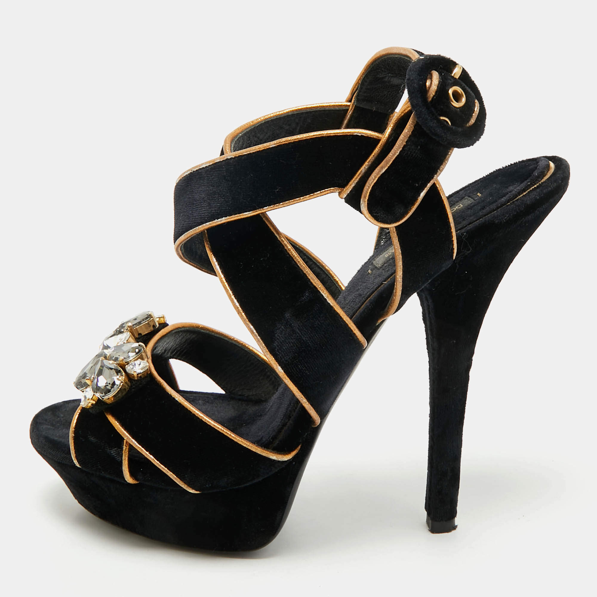 Pre Owned Dolce & Gabbana Black/Gold Velvet and Leather Crystal Embellished Platform Sandals Size 39