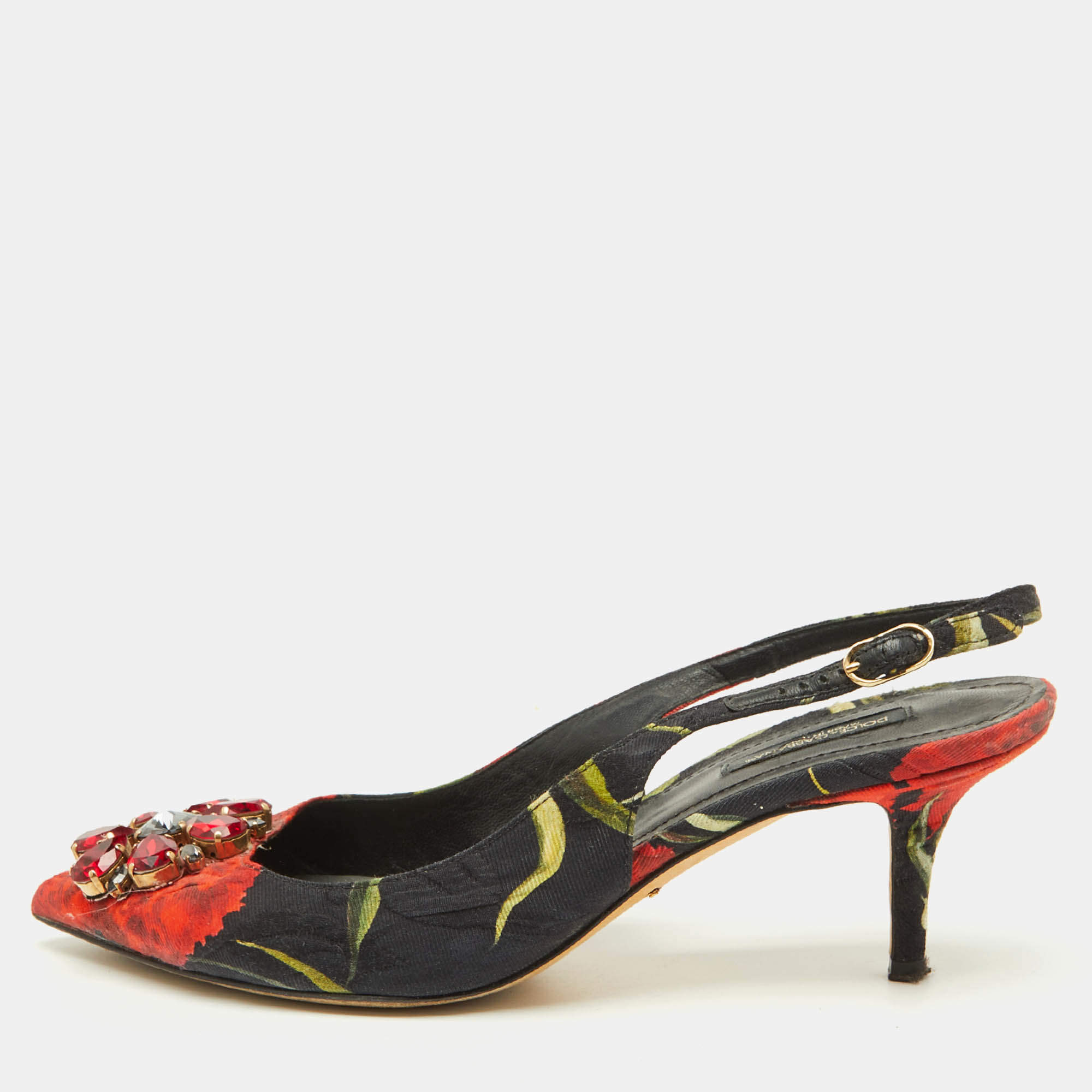 Pre Owned Dolce & Gabbana Black Brocade Floral Fabric Crystal Embellished Slingback Pumps Size 39.5