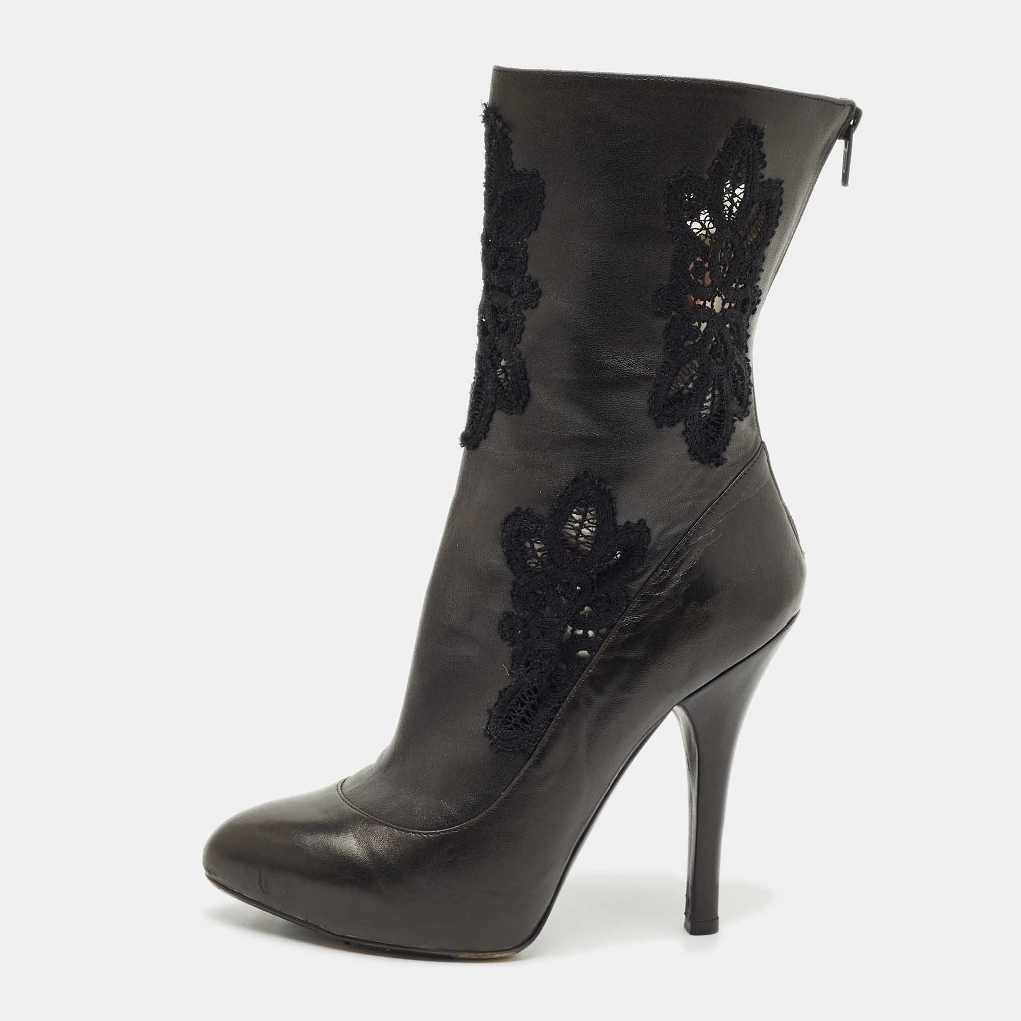 Pre Owned Dolce & Gabbana Black Leather and Lace Mid Calf Boots Size 37