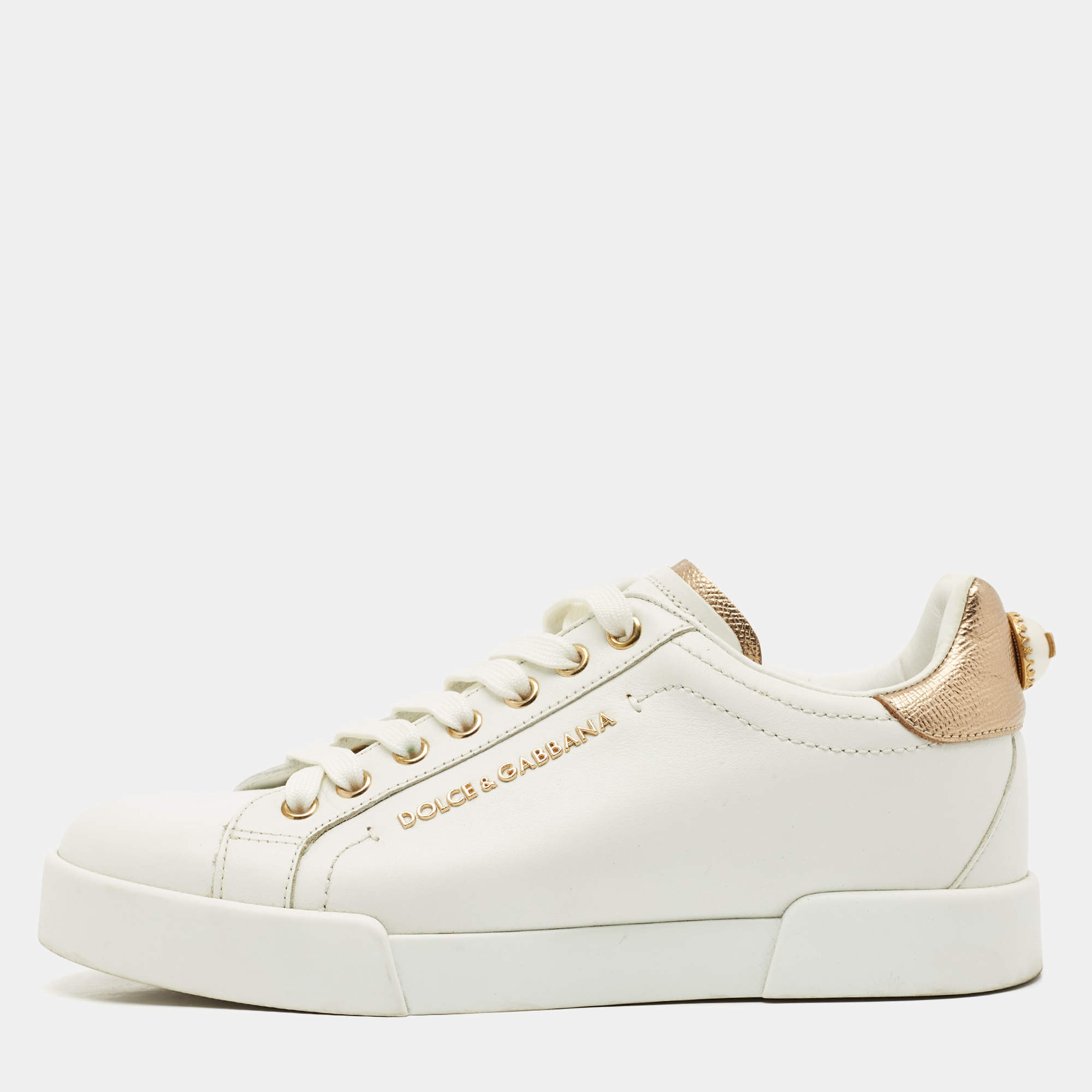 Pre Owned Dolce & Gabbana White Leather Pearl Embellished Portofino Sneakers Size 37