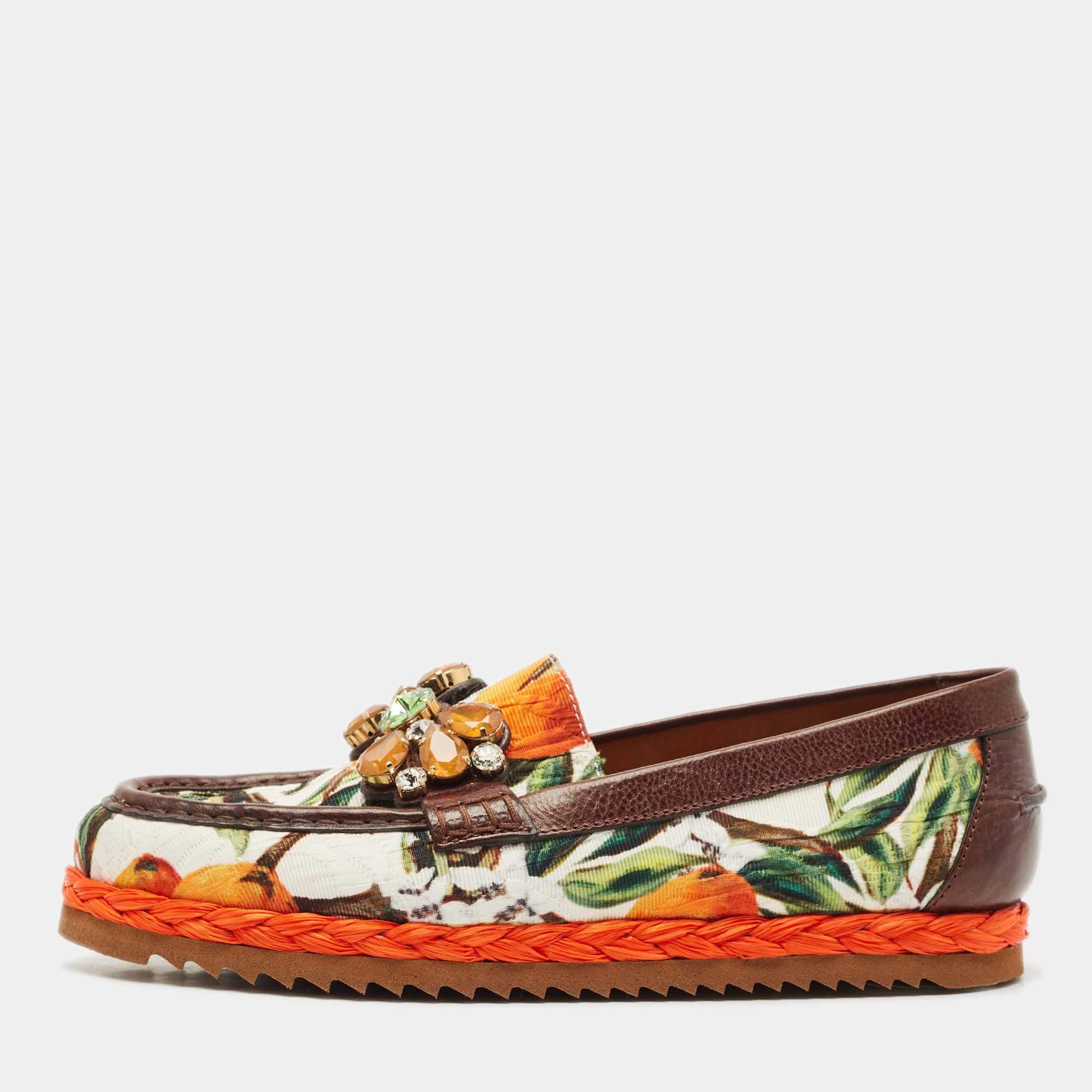 Pre Owned Dolce & Gabbana Multicolor Floral Print Canvas and Leather Palermo Crystals Loafers Size 39