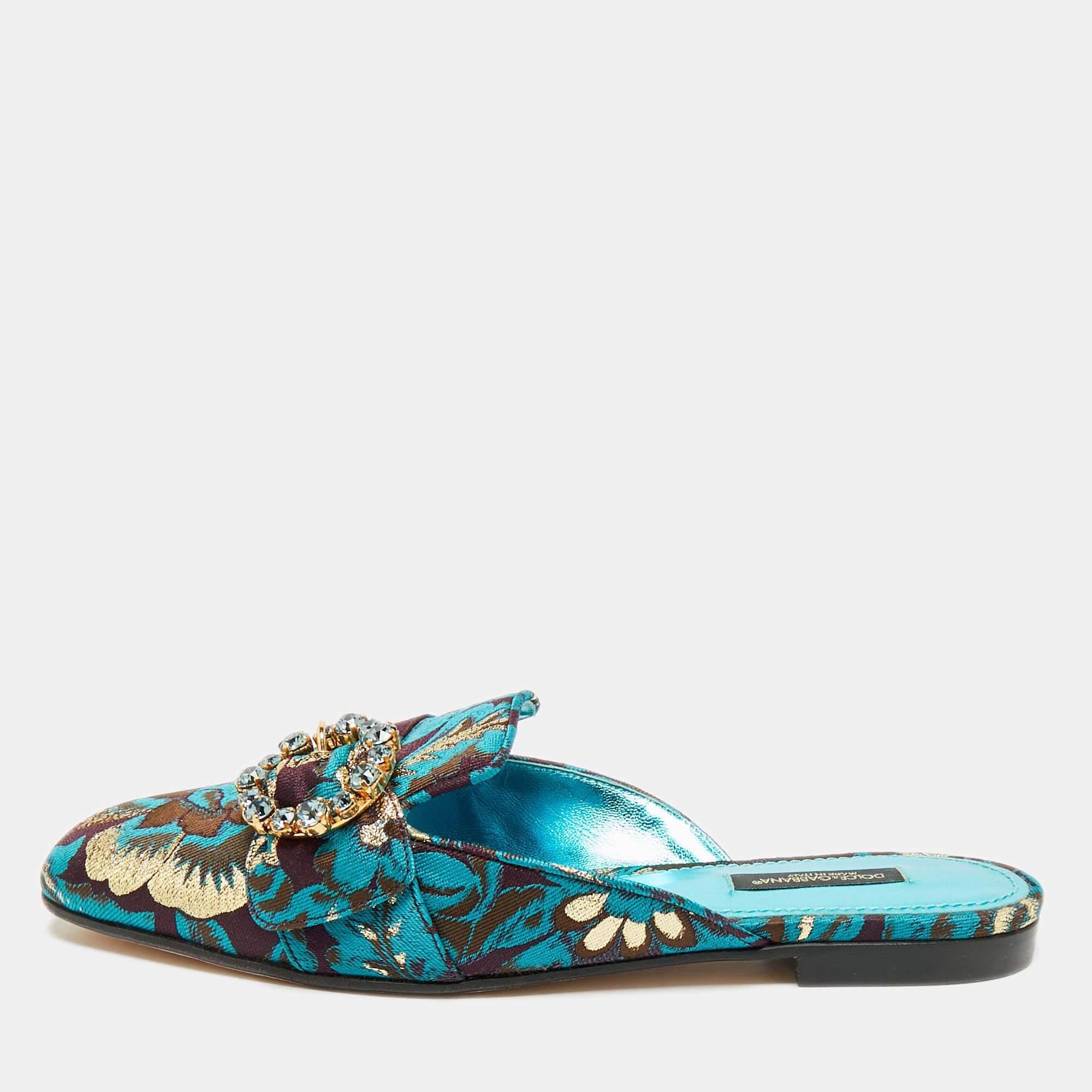 Pre Owned Dolce & Gabbana Blue/Brown Brocade Fabric Crystal Embellished Flat Mules Size 38