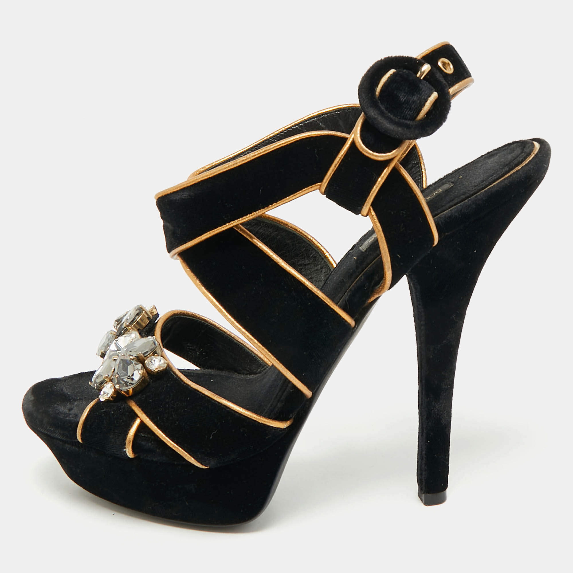 Pre Owned Dolce & Gabbana Black/Gold Velvet and Leather Crystal Embellished Platform Sandals Size 38.5