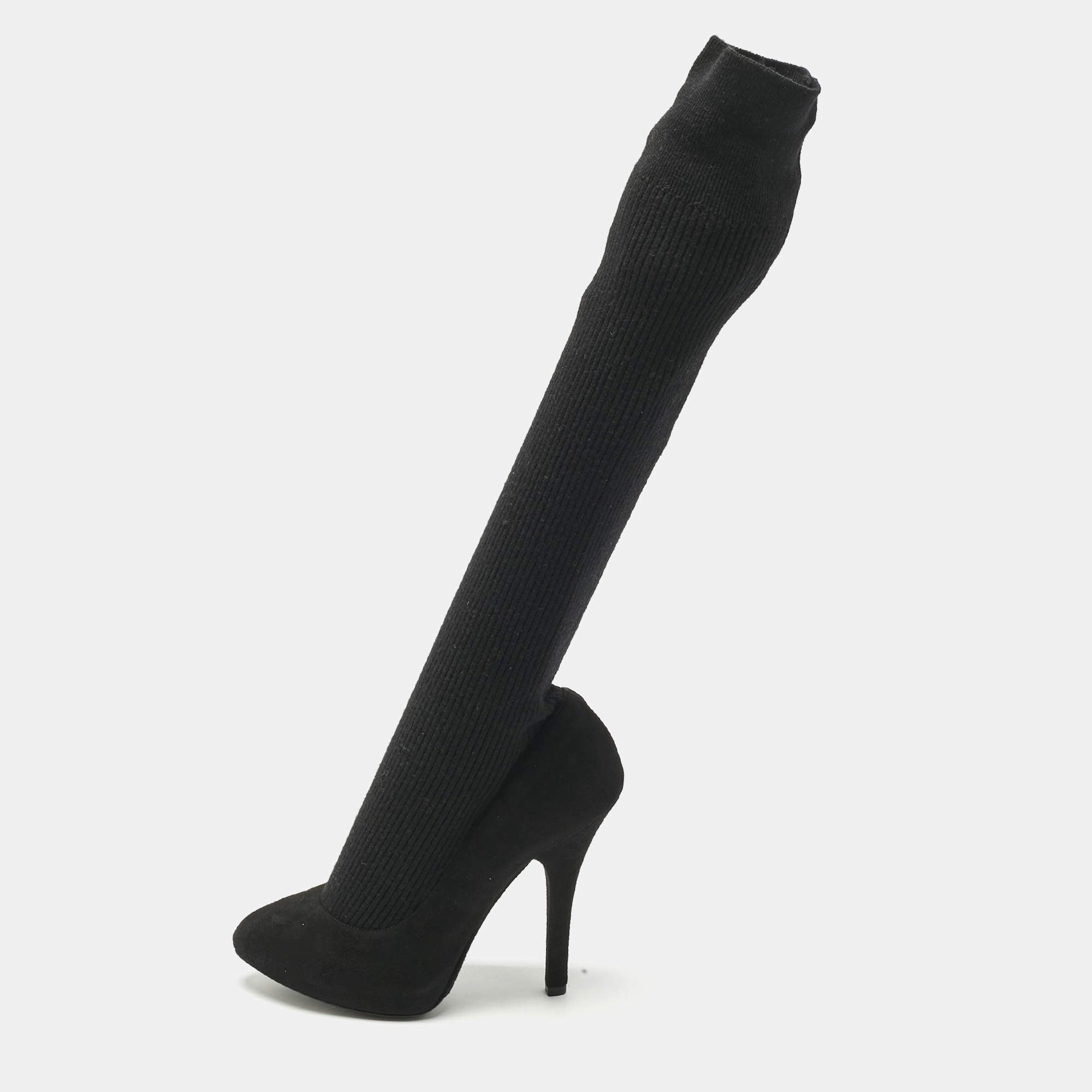 Pre Owned Dolce & Gabbana Black Suede and Fabric Platform Sock High Pumps Size 38
