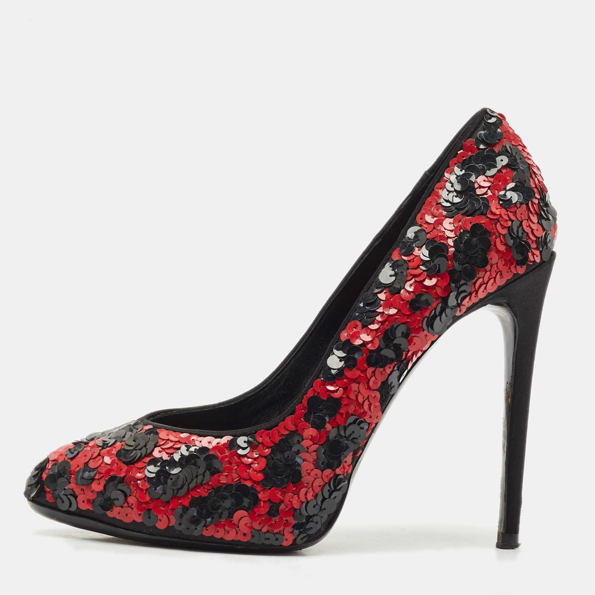 Pre Owned Dolce & Gabbana Red/Black Sequins Round Toe Pumps Size 36