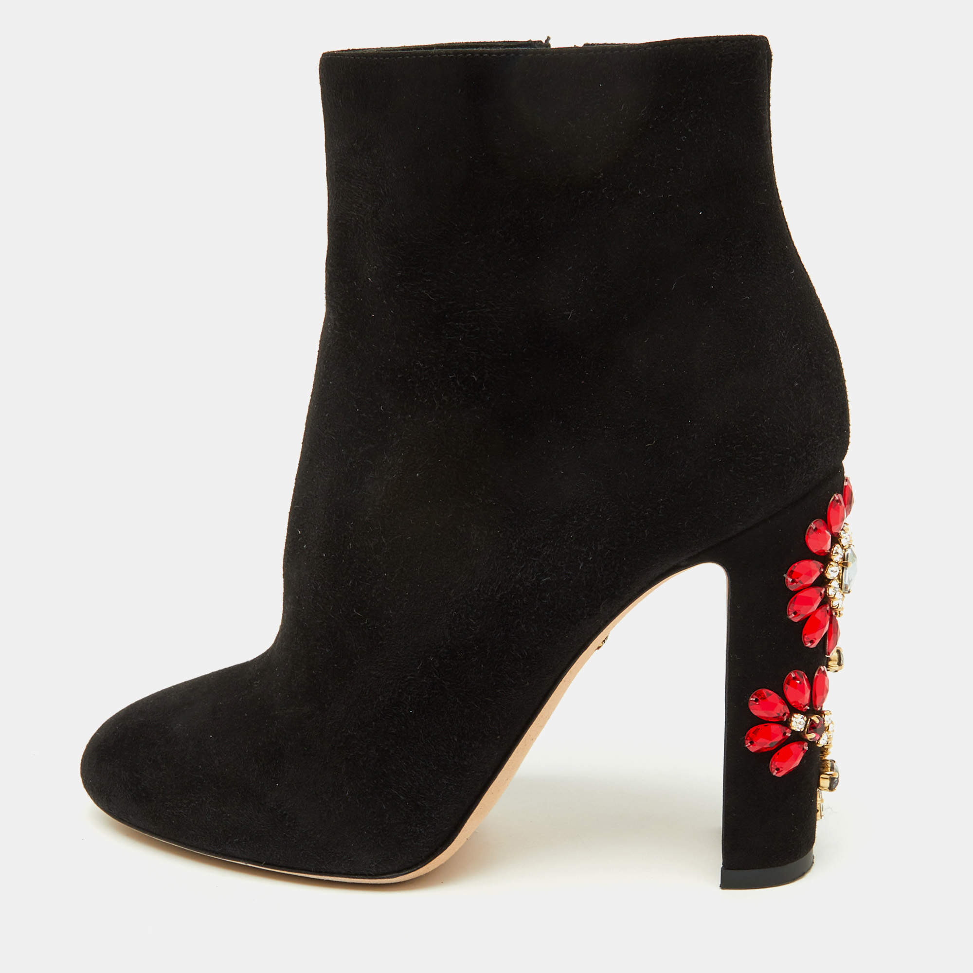 Pre Owned Dolce & Gabbana Black Suede Crystal Embellished Heel Ankle Boots Size 38